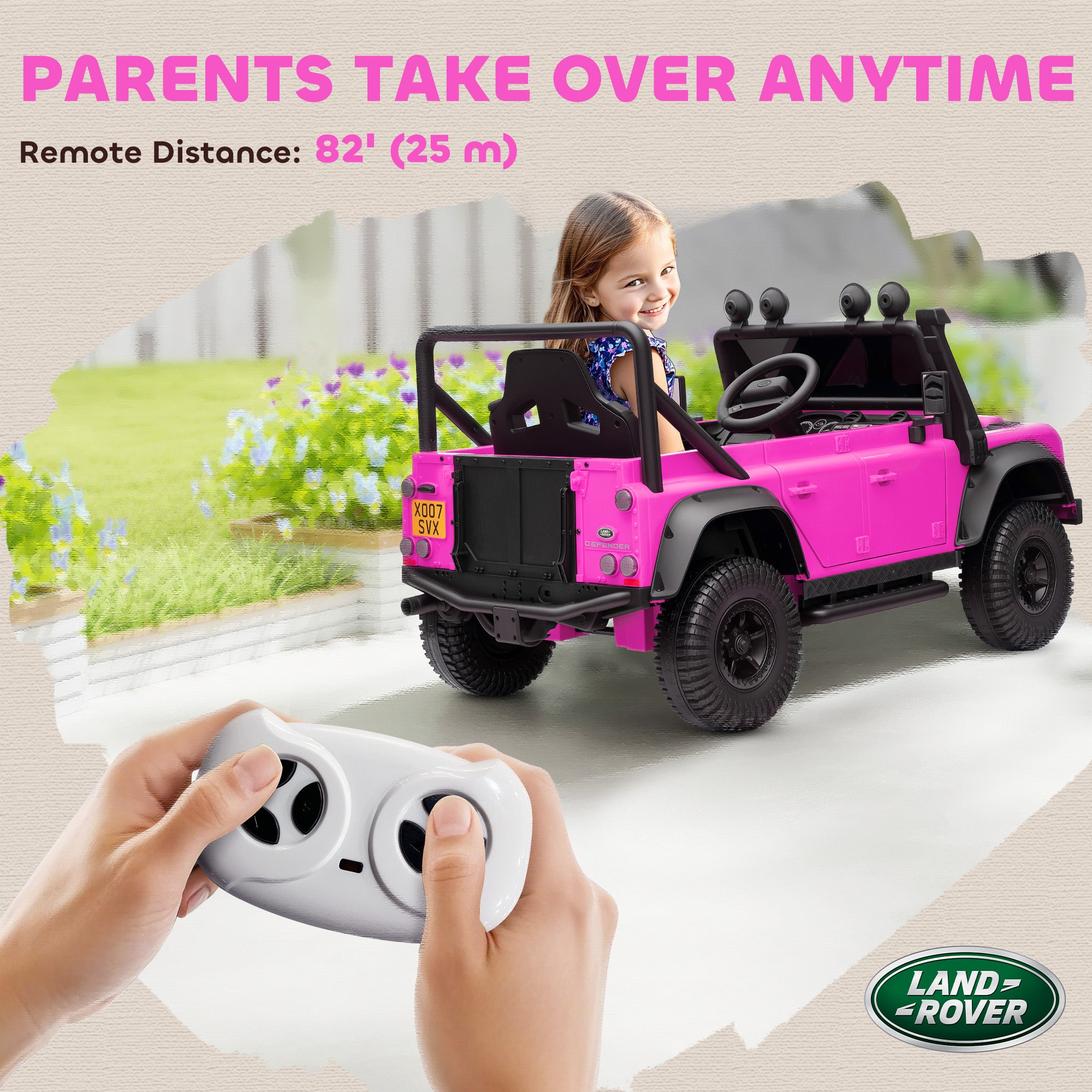 Land Rover Licensed Electric Car for Kids with Remote Control, Dual Motors, Spring Suspension, LED Lights, Pink