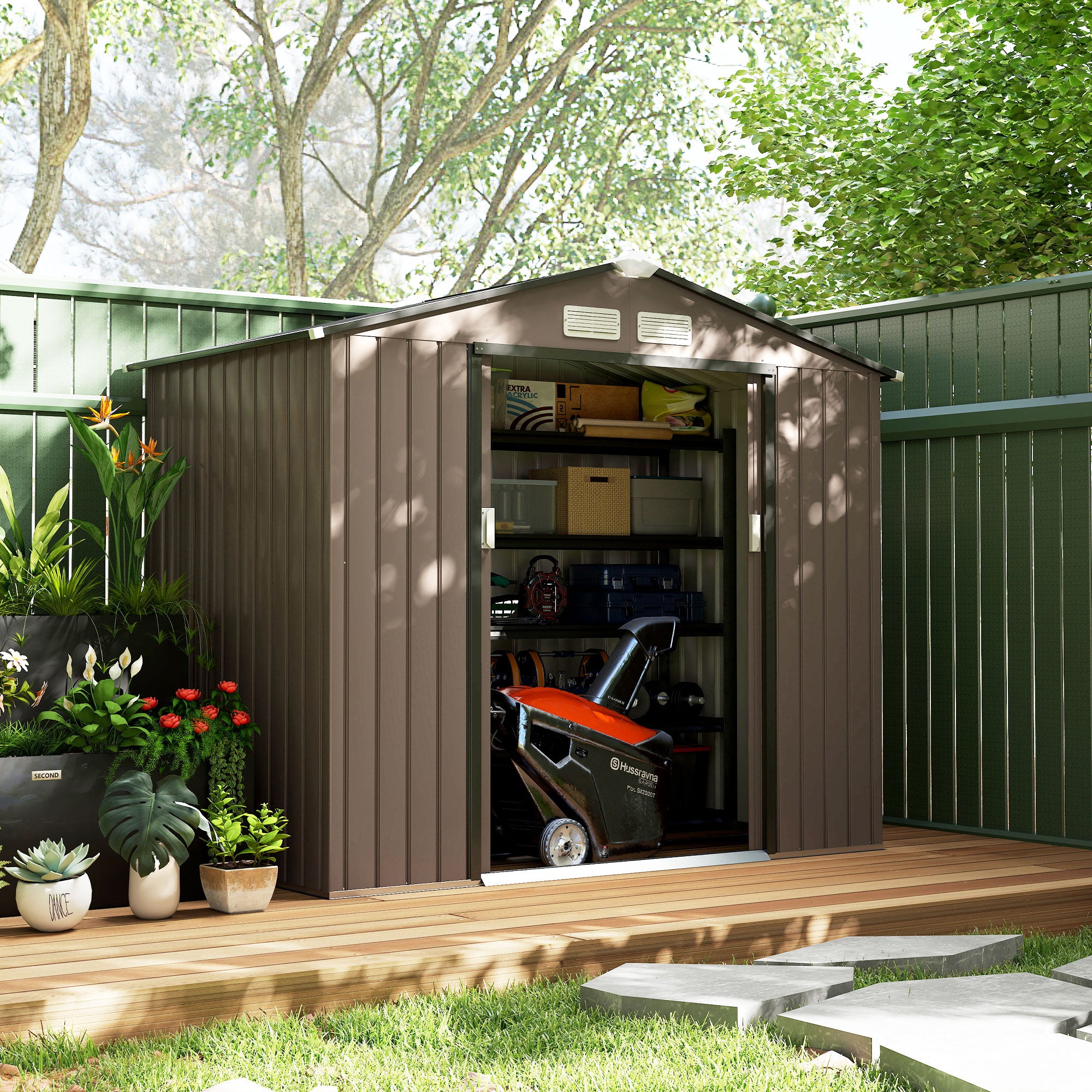7x4 Storage Shed, Outdoor Garden Tool Shed with Foundation Kit, Vents & Sliding Doors for Backyard Patio, Brown - Brown - Image 2