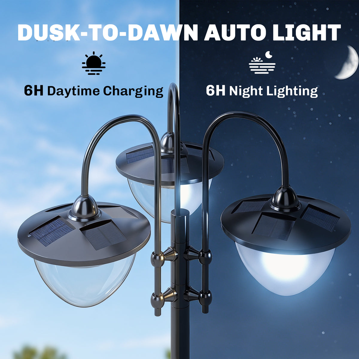 74.5" 3-head Solar Lamp Post Light with Planter, Solar Pole Lights Outdoor Waterproof LED Lighting for Backyard Pathway Patio Lawn Driveway Decor, Black