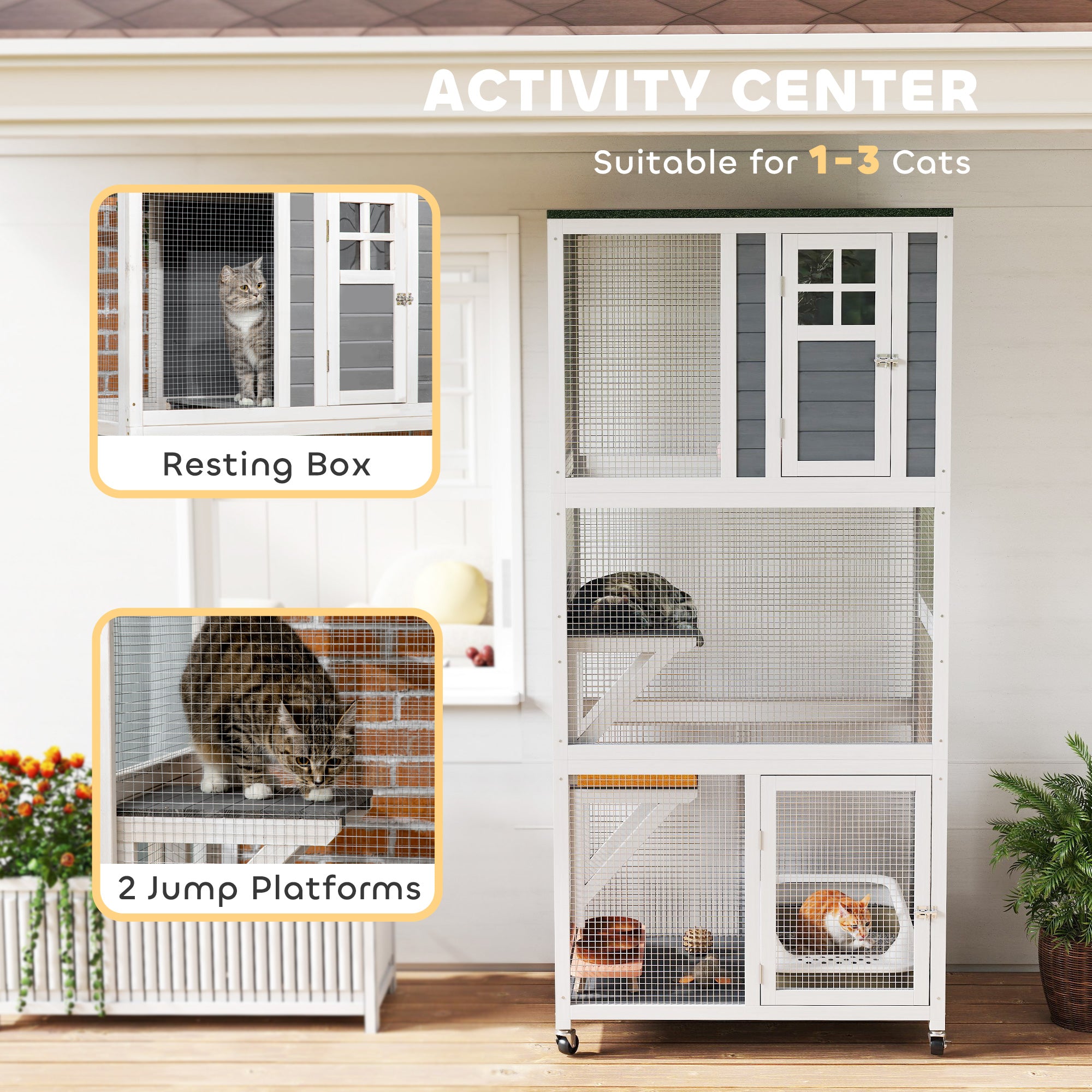 74" Wooden Catio Outdoor Cat Enclosure Weatherproof & Wheeled, Outside Cat House with High Weight Capacity, Kitten Cage Condo, White - Dark Gray - Image 4