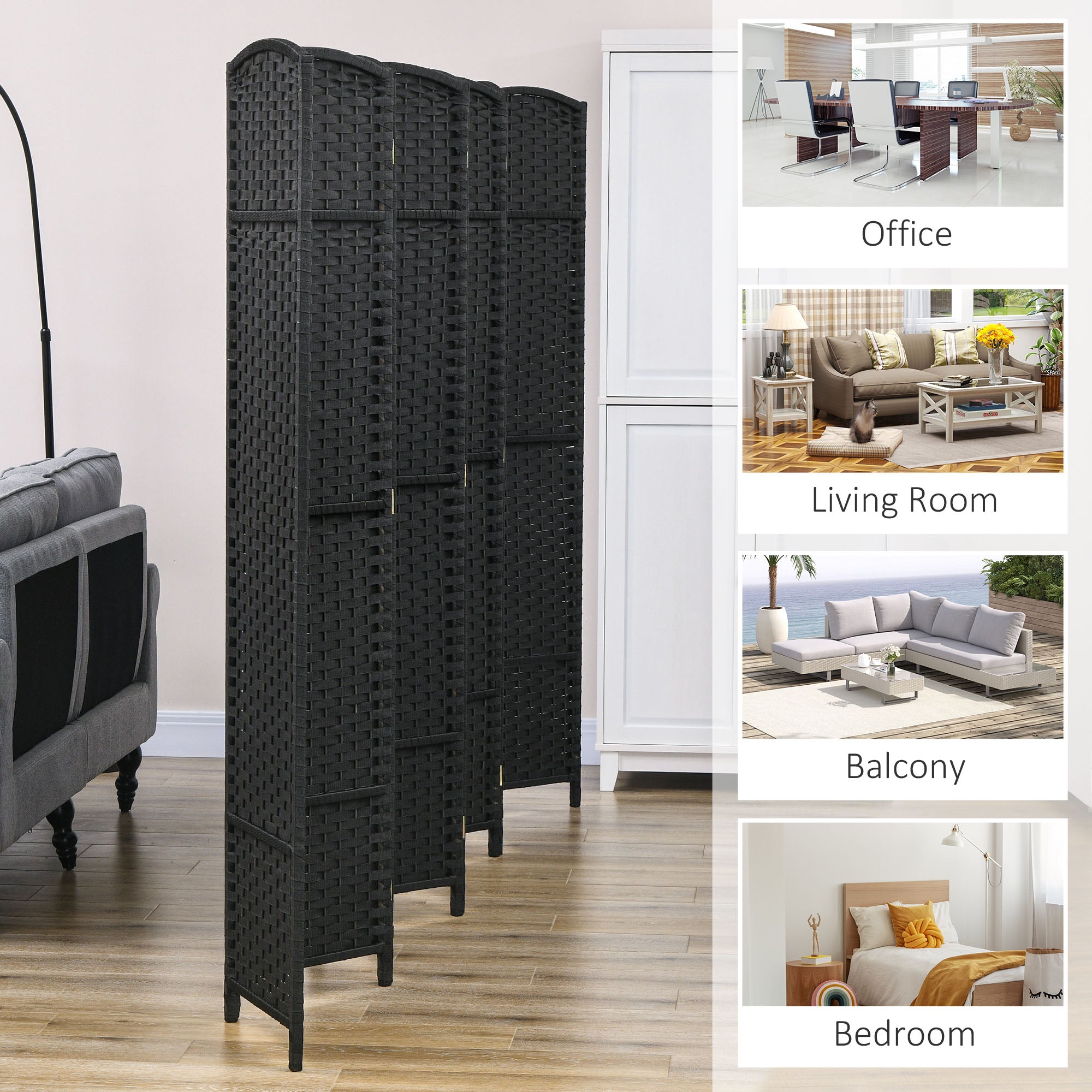 Folding Room Divider Screen 8 Panel 5.6 ' Tall Privacy Screen Freestanding Room Partition for Home Office, Black