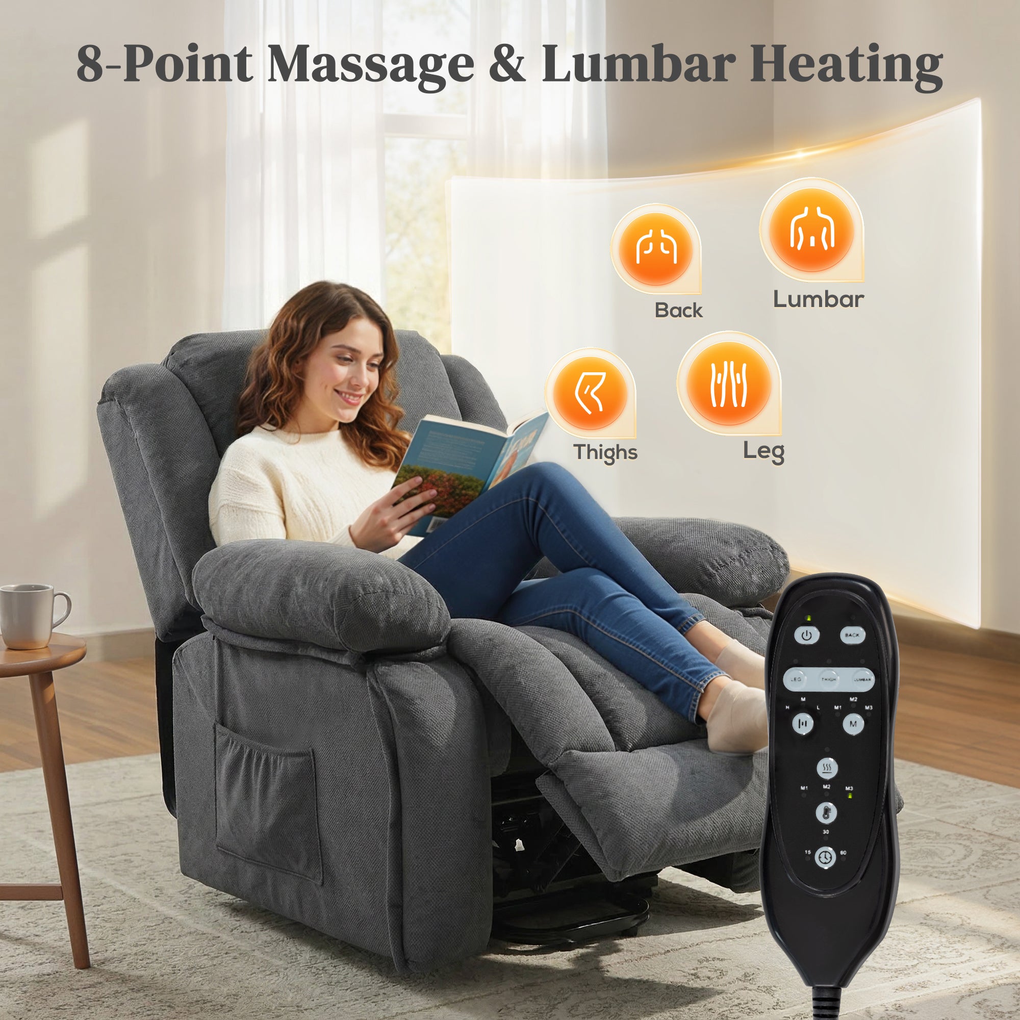 Overstuffed Power Lift Recliner Chair with Vibration Massage and Heat, Side Pockets, Pocket Spring, for Adults, Gray