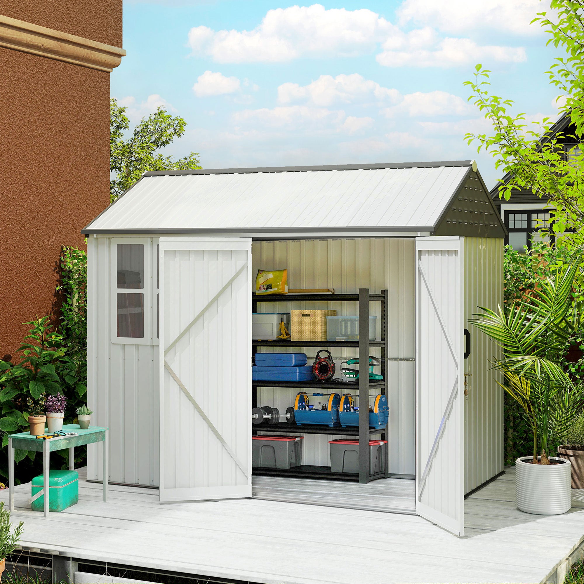 8' x 6' Metal Garden Storage Shed, Extra Large Outdoor Tool Storage House w/ Doors, Window and Air Vents, White - White - Image 2