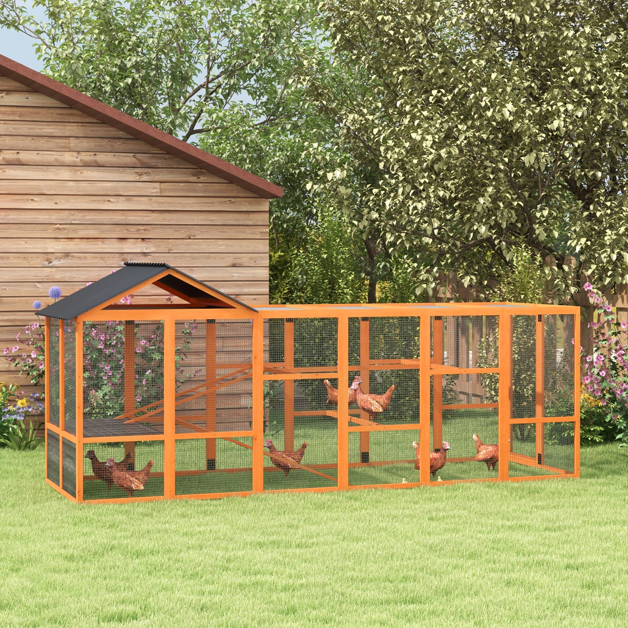 Wooden Chicken Coop Run for 6 - 10 Chickens, Hen House Add-On with Storage, Perches, 141.75" x 48" x 61", Orange - Orange - Image 2