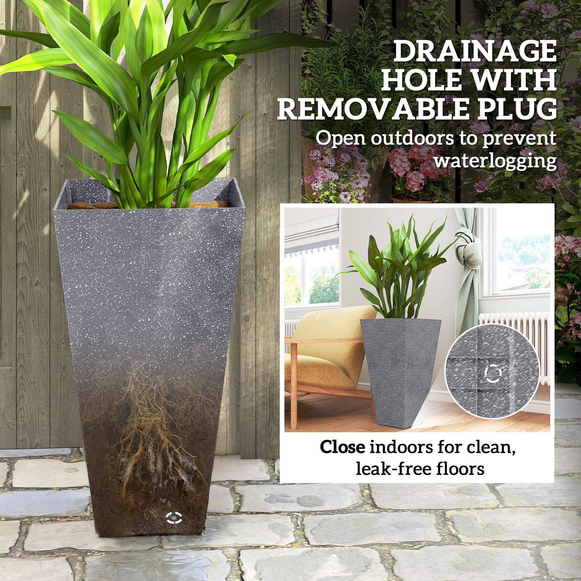 28" Tall Planters, Set of 3 Plastic Flower Pots with Marble Finish and Drainage Holes, Stackable Taper Planters, Gray - Gray - Image 7