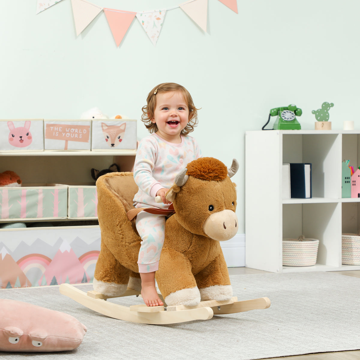 Baby Rocking Horse with Cute Cow Stuffed Plush, Music, Safety Belt, Wooden Rocking Horse for 1-3 Years, Brown