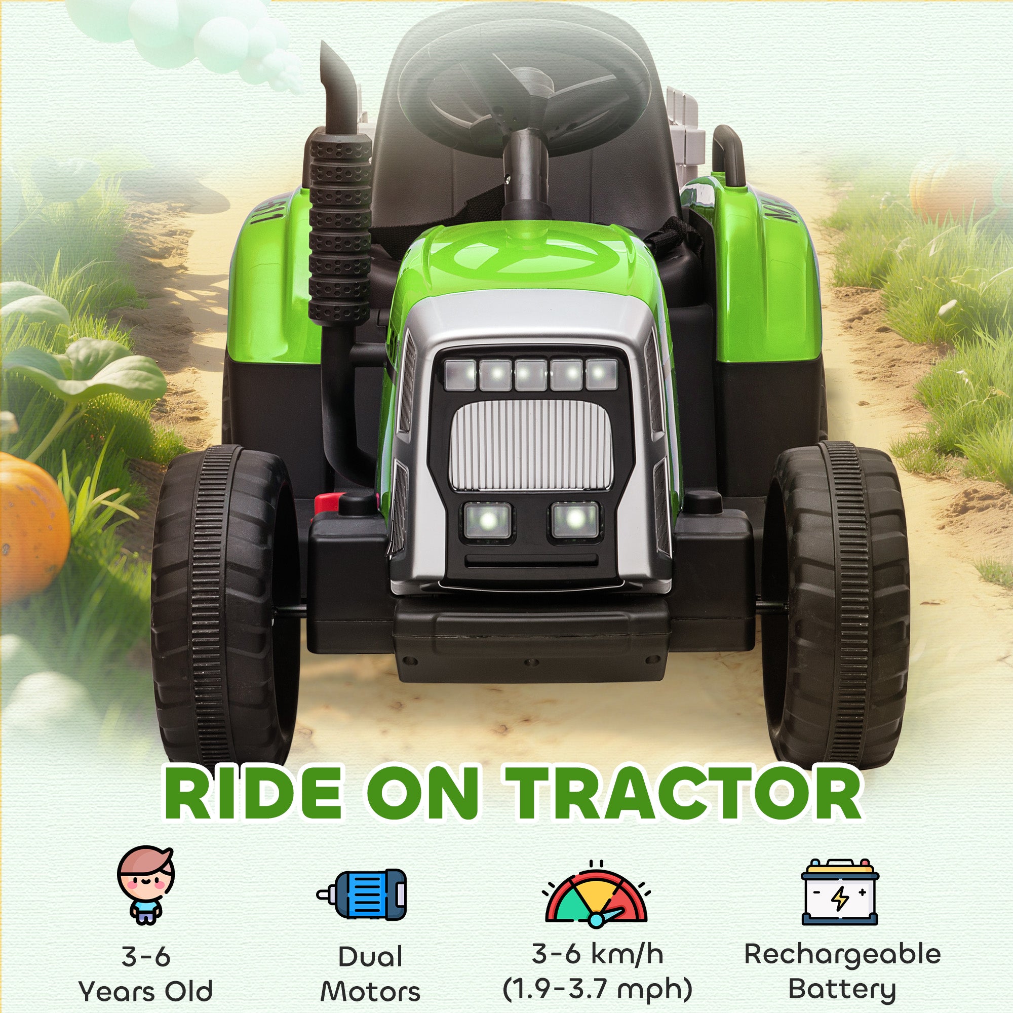 12V Ride on Tractor with Trailer, 25W Dual Motors, Battery Powered Electric Tractor with Remote Control, Music Startup Sound and Horn, LED Lights, Green