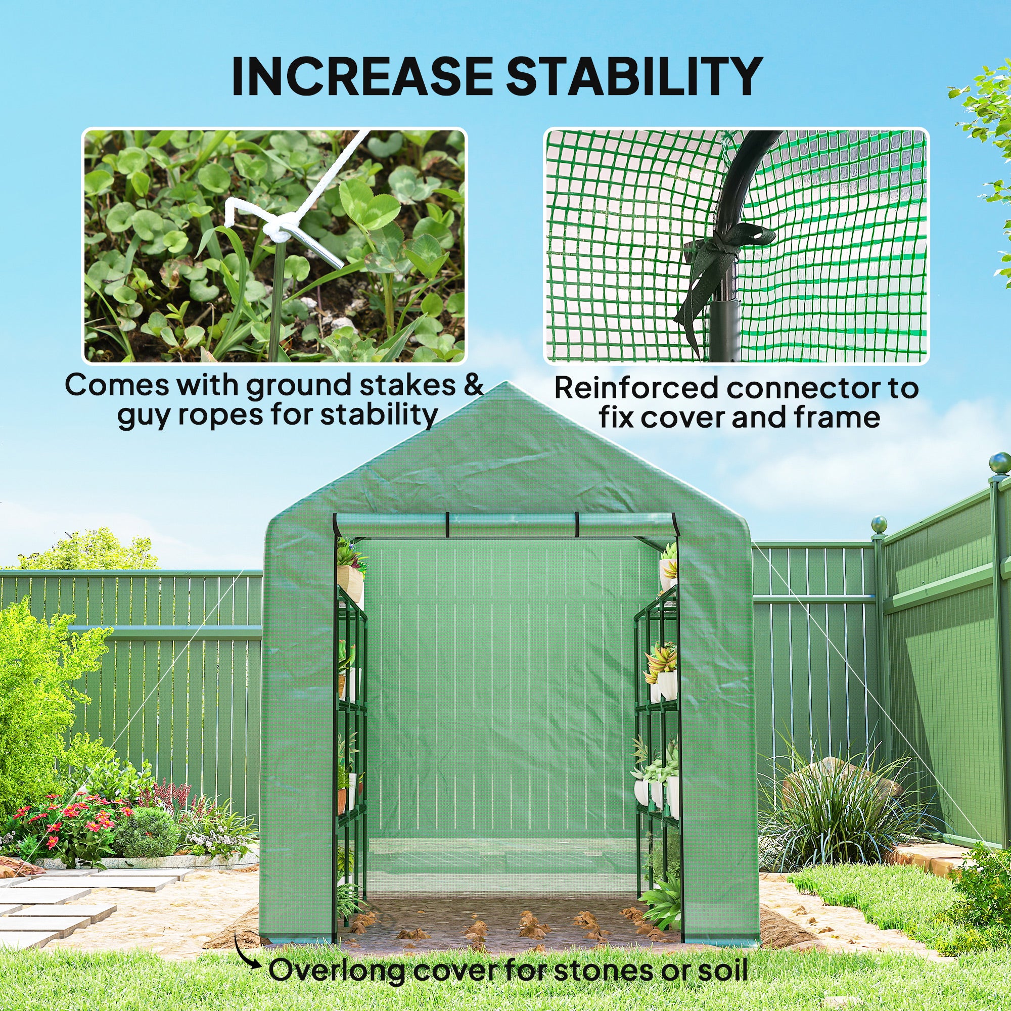 Outdoor Walk-in Greenhouse with Roll-up Zipper Door, 18 Shelves, PE Cover, 95.25" x 70.75" x 82.75", Green - Green - Image 7