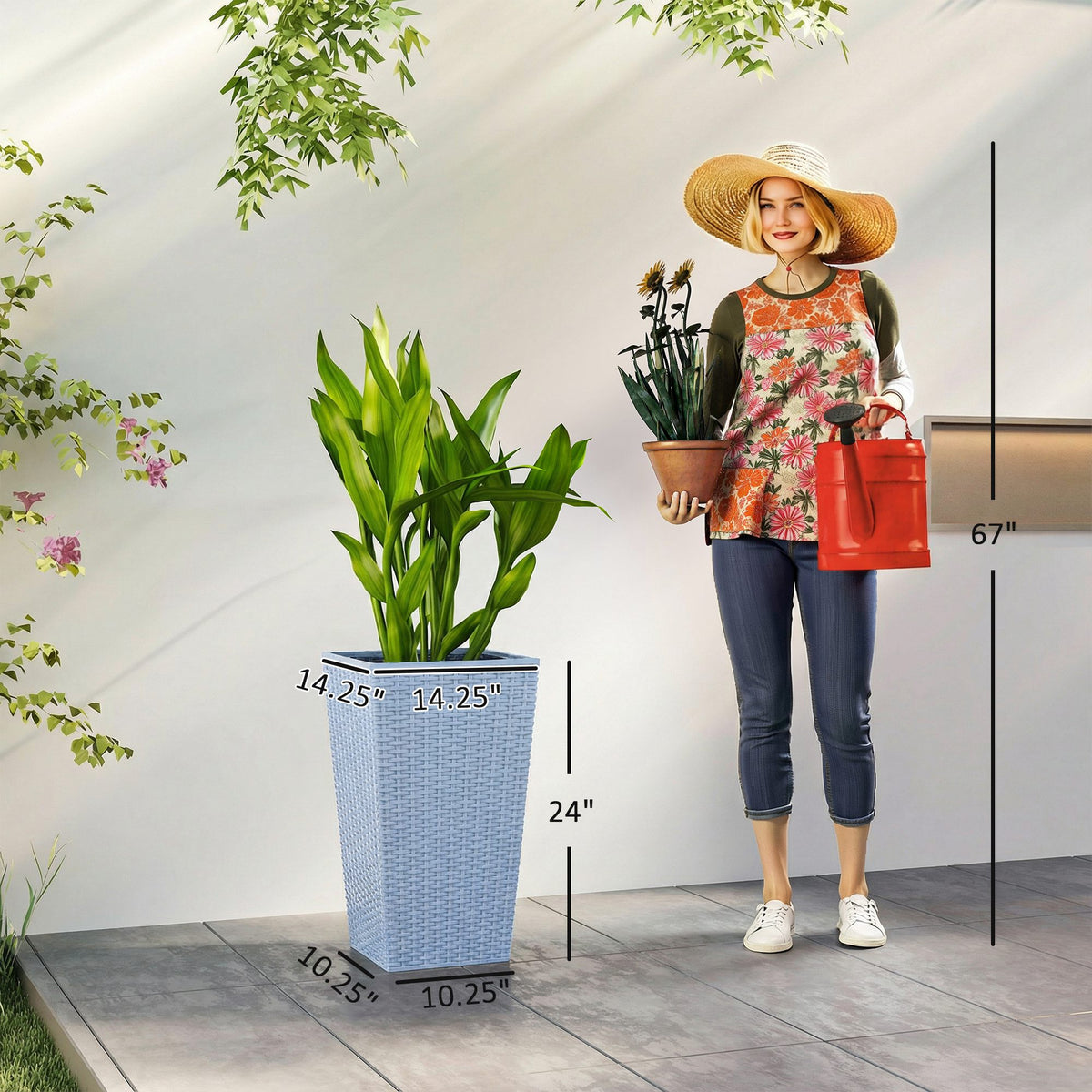 Tall Planters for Outdoor Plants Set of 3, 24 In Taper Planters with Drainage Holes, Rattan Decor Plant Pots, Light Gray