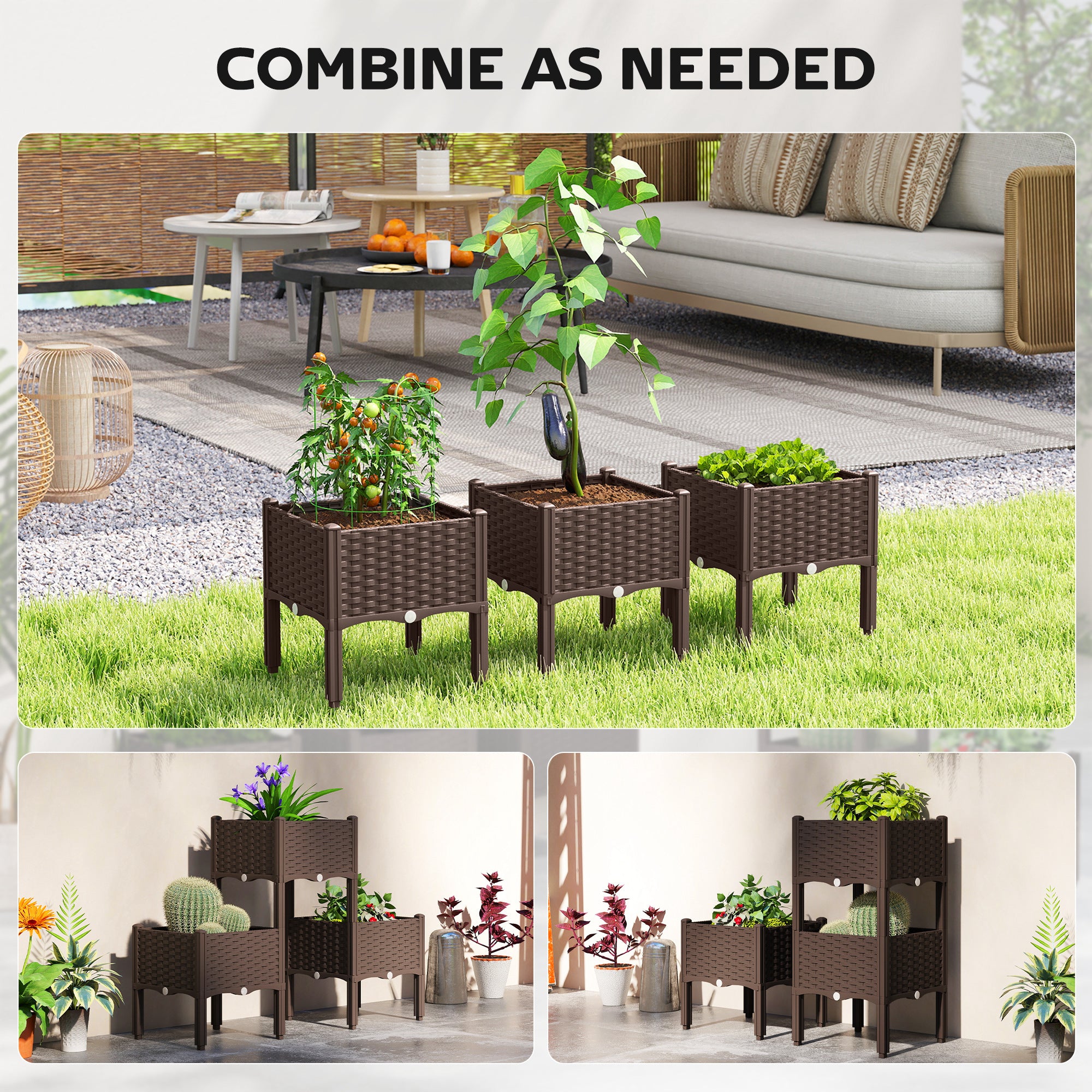 Plastic Raised Garden Bed with Legs, Self Watering Elevated Planter Boxes with Drainage Holes and Plugs, Easy Assembly - Brown - Image 4