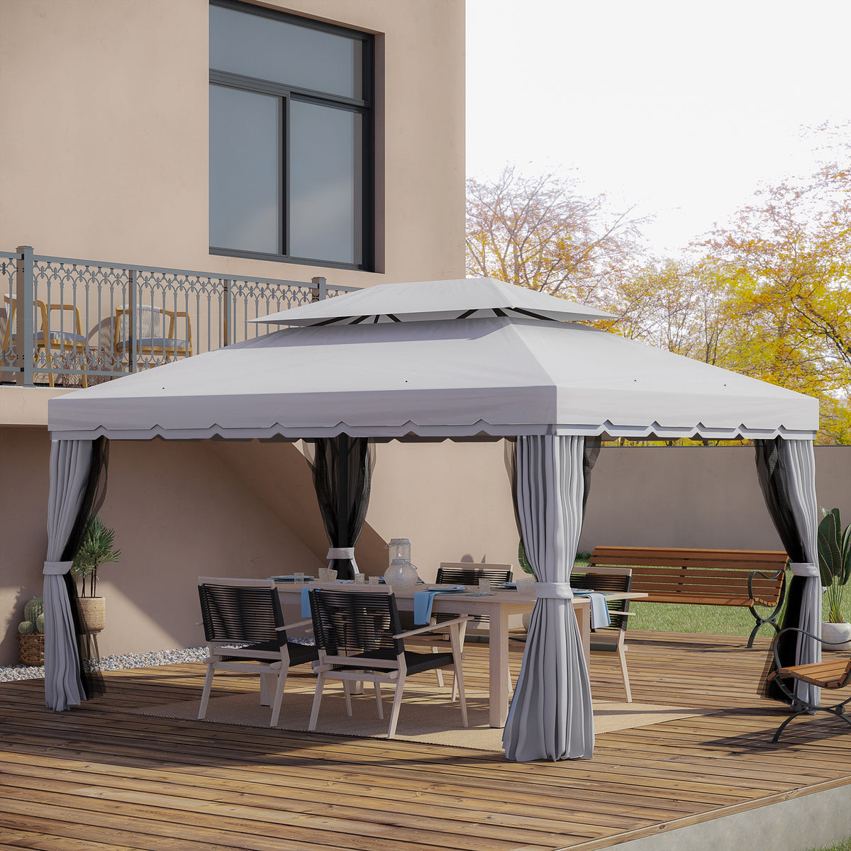 10' x 13' Patio Gazebo, Aluminum Frame Double Roof Outdoor Gazebo Canopy Shelter with Netting & Curtains, Light Gray