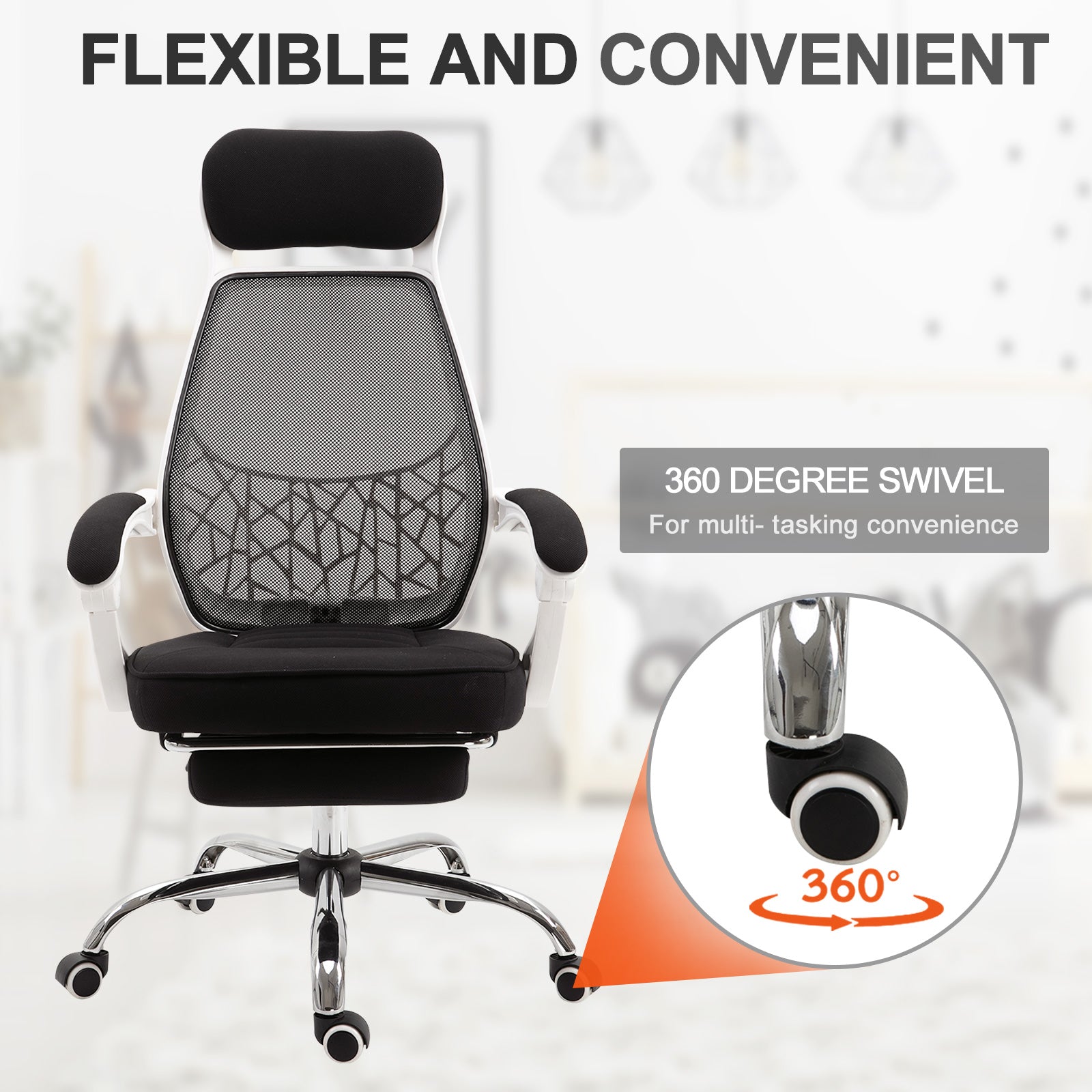 Ergonomic High Back Mesh Office Chair Swivel Reclining Computer Desk Chair with Retractable Footrest, Headrest, Padded Armrest