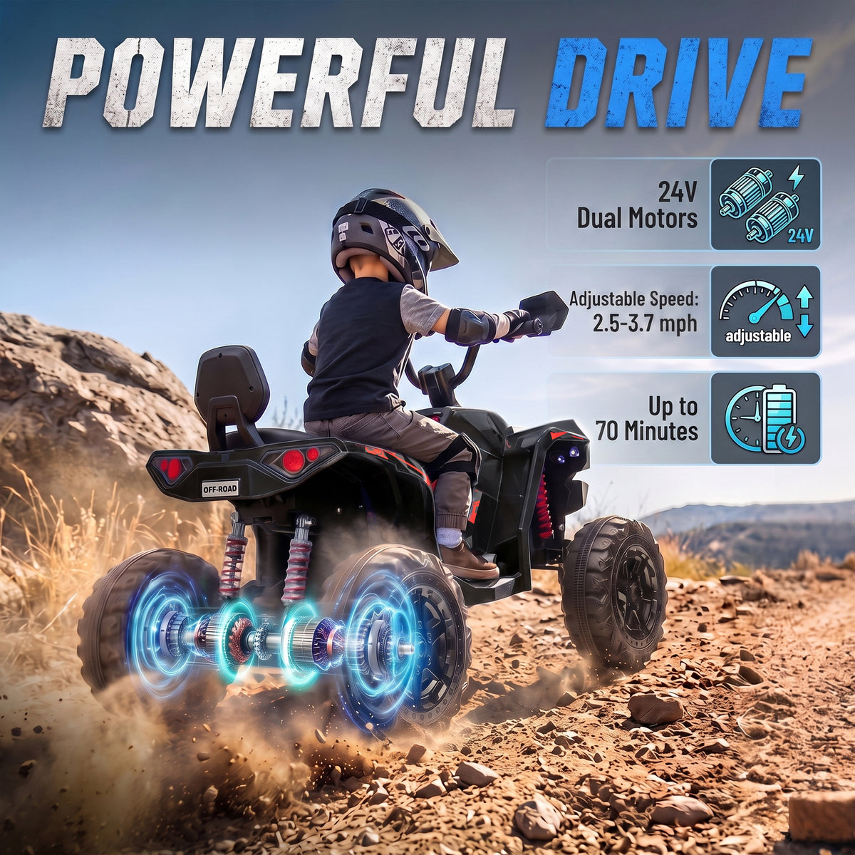 24V 2 Seater Ride On Toys, Kids ATV 4 Wheeler with Dual Motors, High & Low Speed for Boys Girls Aged 3-8 Years, Black