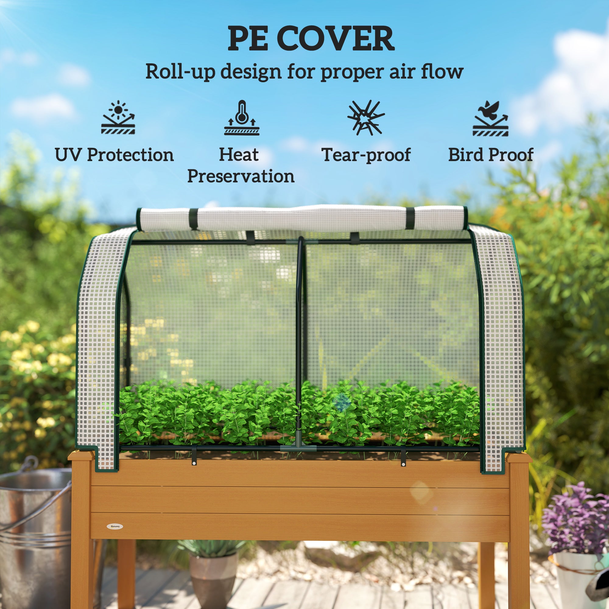 Raised Garden Bed with PE Greenhouse Cover Outdoor Planter Box for Herbs and Vegetables, 48 x 22 x 46 inch, Sand - Sand - Image 4