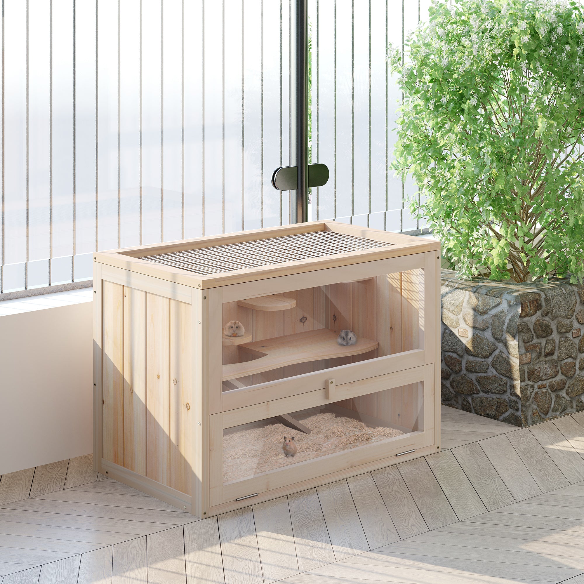 2-Level Hamster Cage Mice and Rat House, Small Animal Habitat for Guinea Pigs, Chinchillas with Openable Top, Front Door, Shelf and Ladder, Natural - Nature wood - Image 2
