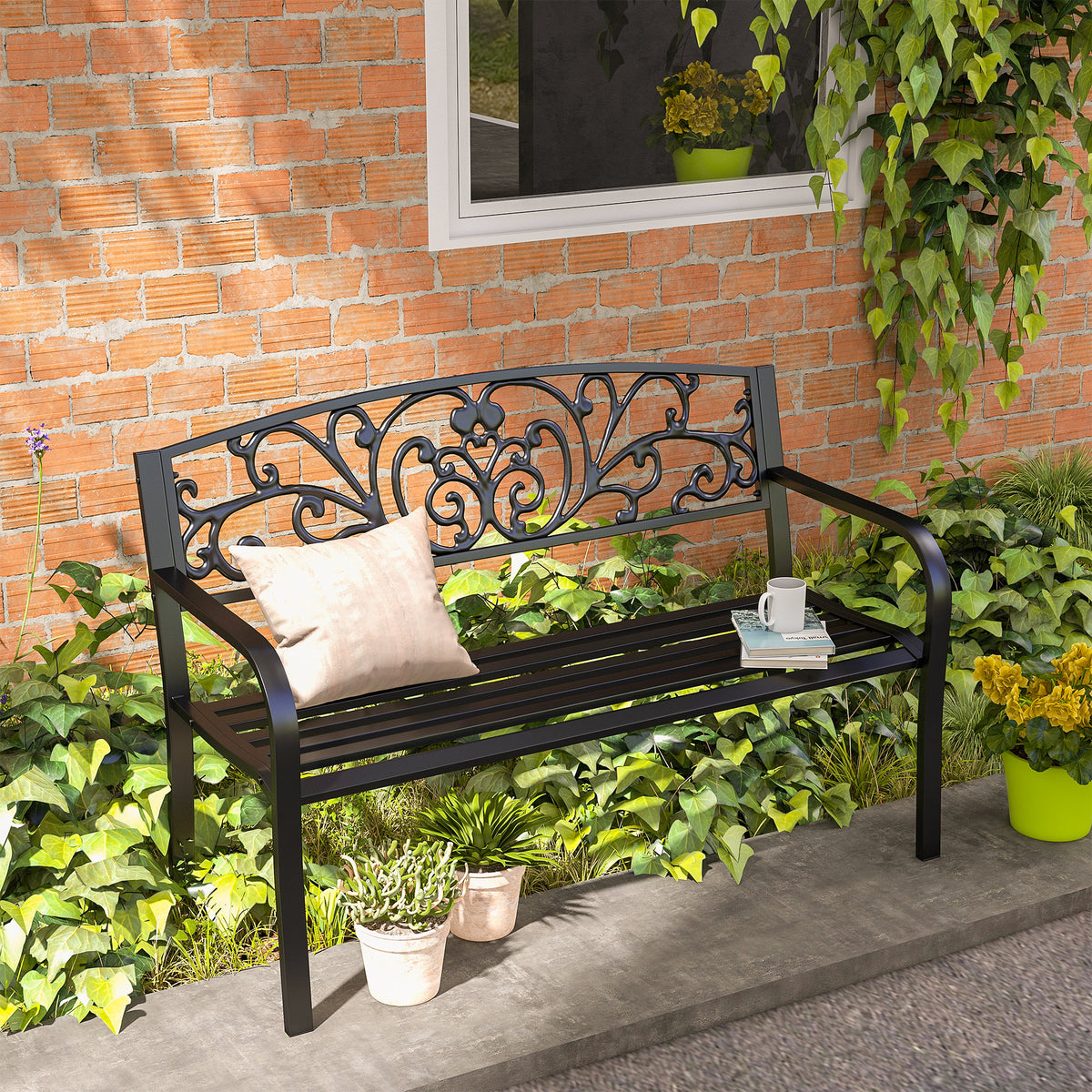 50" Blossoming Pattern Garden Decorative Patio Park Bench with Beautiful Floral Design & Relaxing Comfortable Build