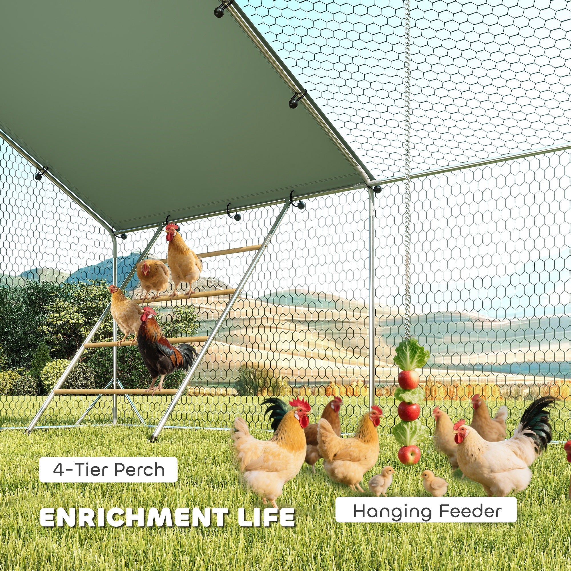 Metal Chicken Run w/ Waterproof & Anti-UV Cover, Feeding Door, Hanging Feeder, for 18-24 Chickens, 9.8' x 19.7' x 6.4' - Silver - Image 4