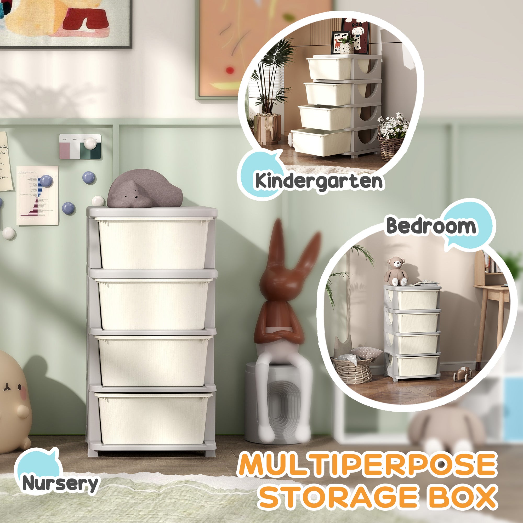 30" 4 Tier Kids Storage Unit Dresser Tower w/ 4 Drawers, Cream White