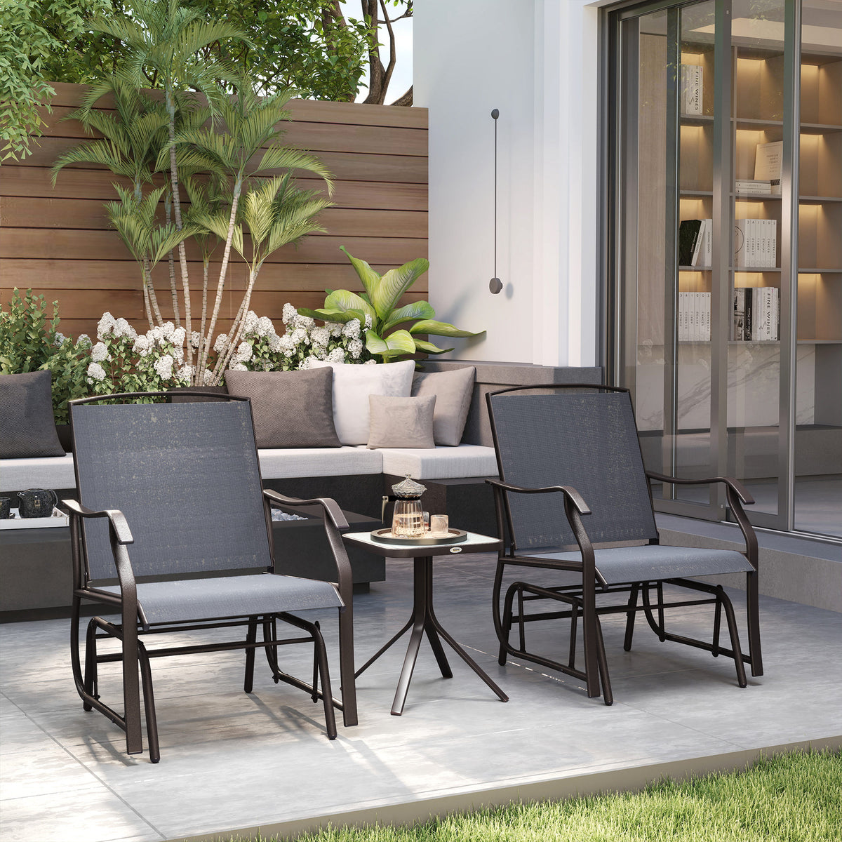 3 Piece Outdoor Glider Chair with Coffee Table Bistro Set, 2 Patio Rocking Swing Chairs with Breathable Sling Fabric, Glass Tabletop, for Backyard, Garden and Porch, Gray