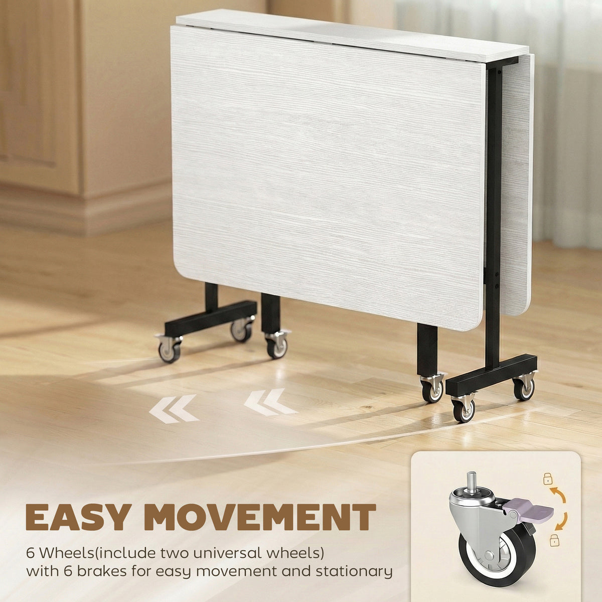 Drop-Leaf Table for Small Spaces, Extendable Kitchen Table with 6 Smooth Wheels & Brakes, Space-Saving Design, White
