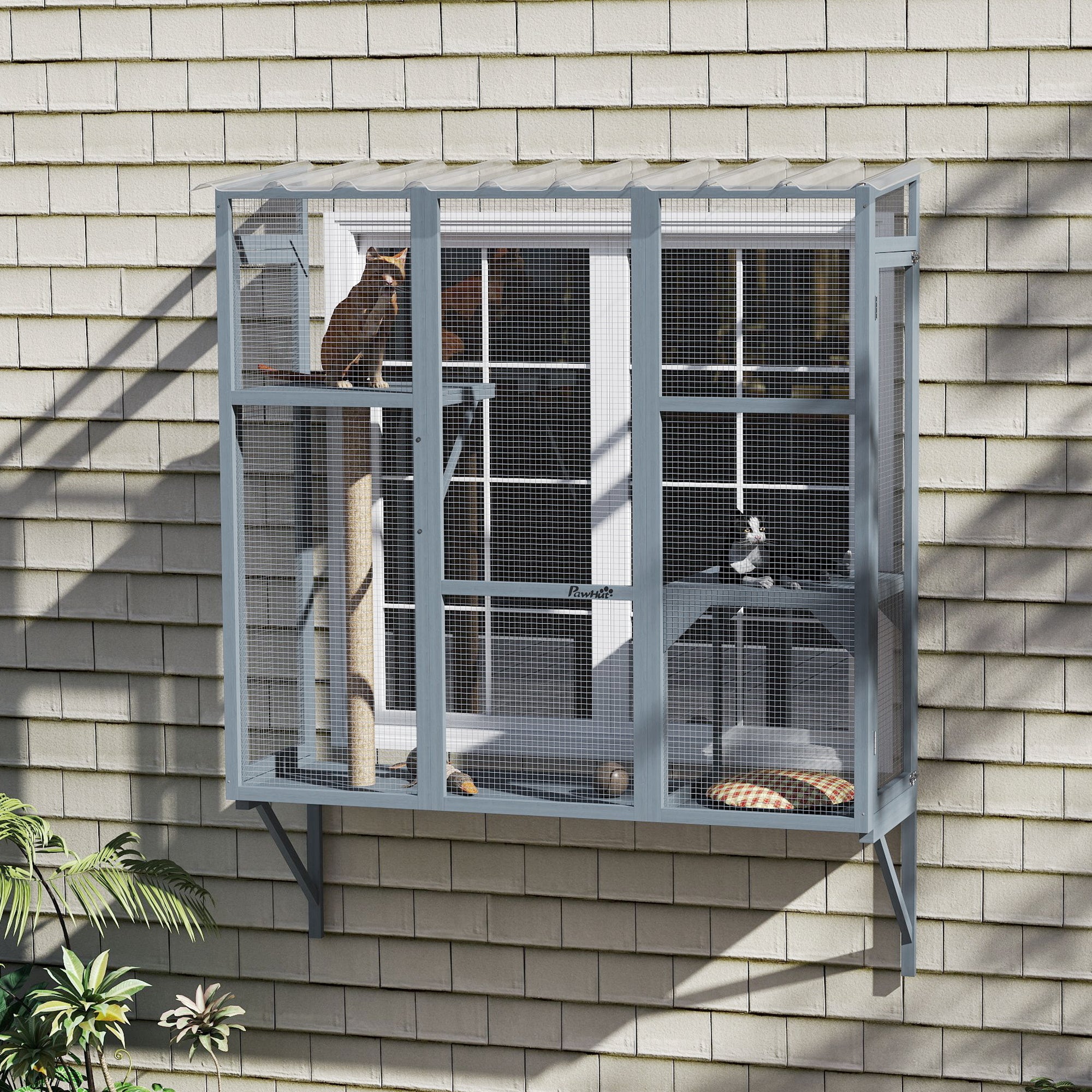 Catio Outdoor, Window Catio for 2-3 Large Indoor Cats w/ 2 Jumping Platforms, Scratching Post, for Playing, Napping - Gray - Image 2