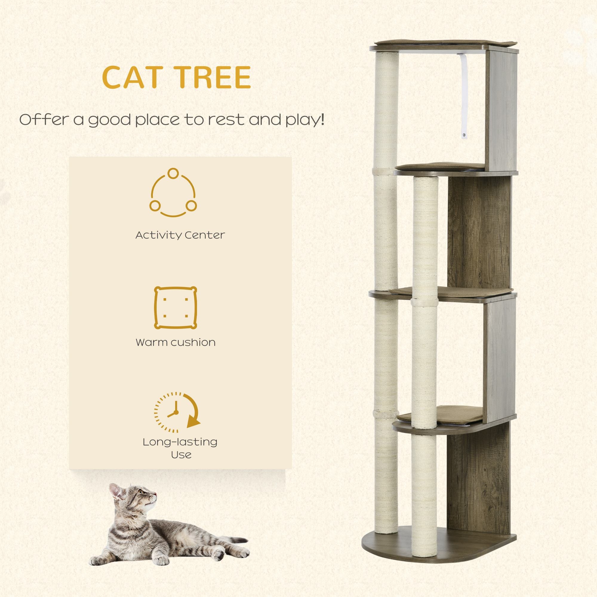 65" Corner Modern Cat Tree Tall for Climbing, Large Multilevel Cat Tower with Scratching Posts, Small-Fit Kitten Tower with Sisal, Cream White - Cream White - Image 4