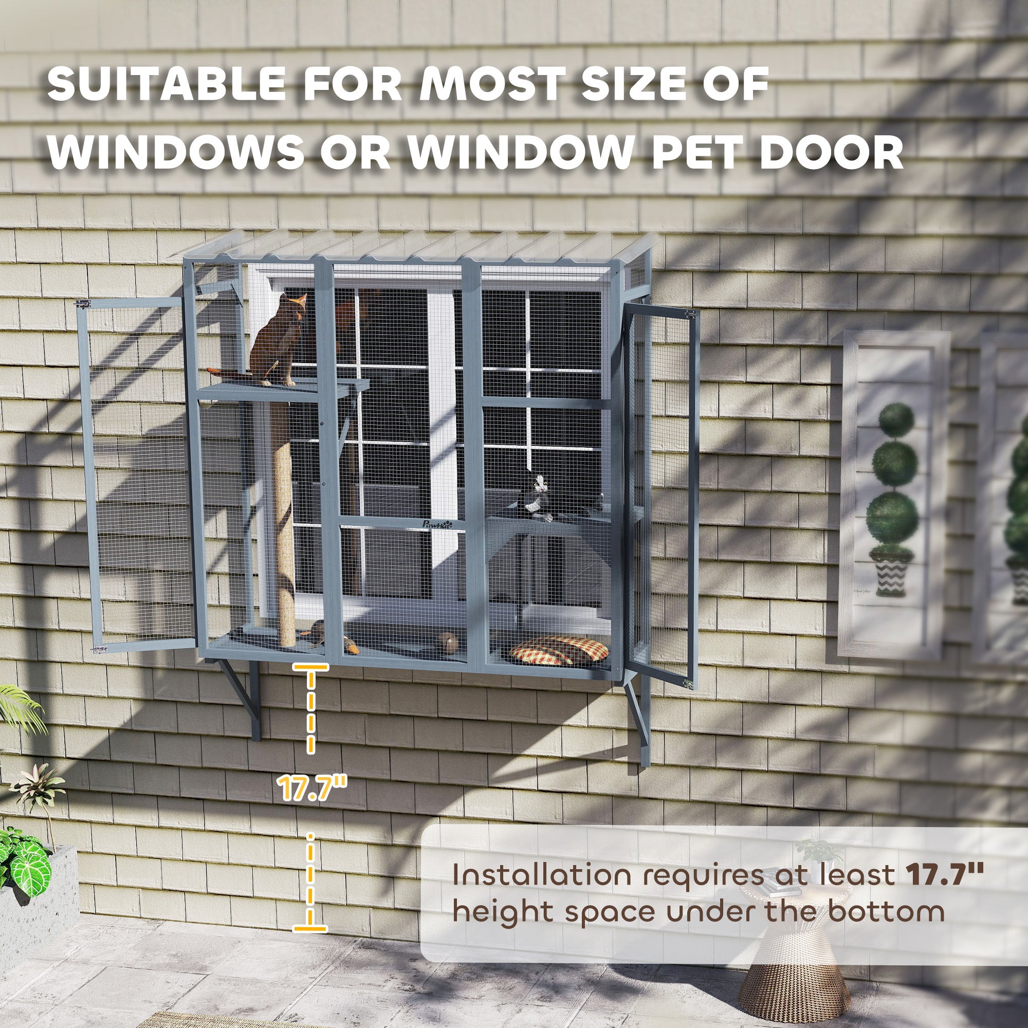 Catio Outdoor, Window Catio for 2-3 Large Indoor Cats w/ 2 Jumping Platforms, Scratching Post, for Playing, Napping - Gray - Image 7