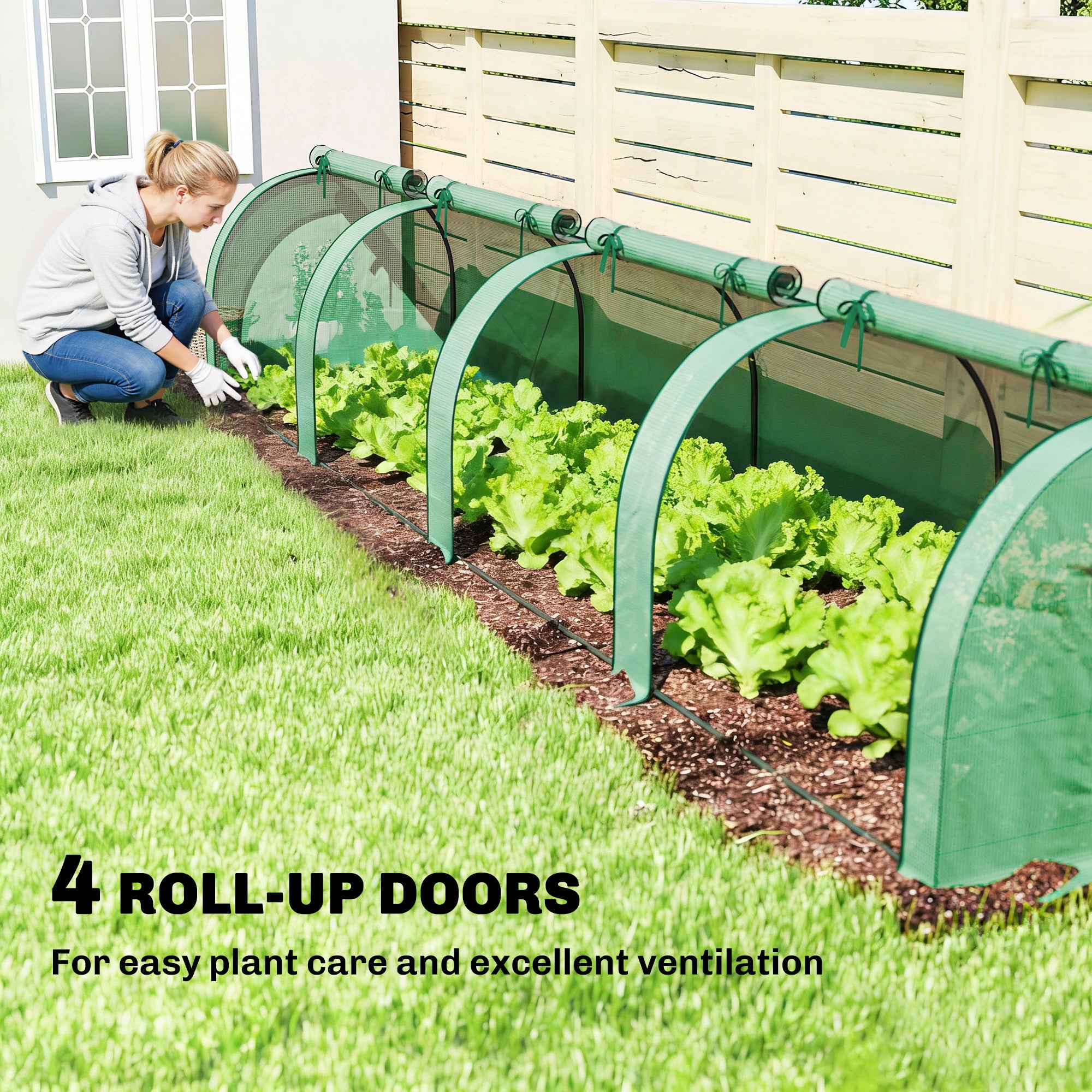 Mini Greenhouse, Portable Greenhouse with 4 Roll-Up Doors, PE Cover, 177.2" x 39.4" x 31.5", Green - Green - Image 4