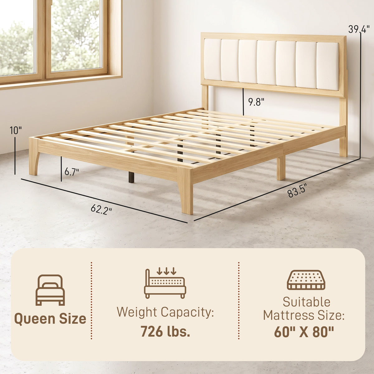 Full Bed Frame with Headboard Queen Size Platform Bed Frame with Wooden Slats No Box Spring Needed Easy Assembly Oak