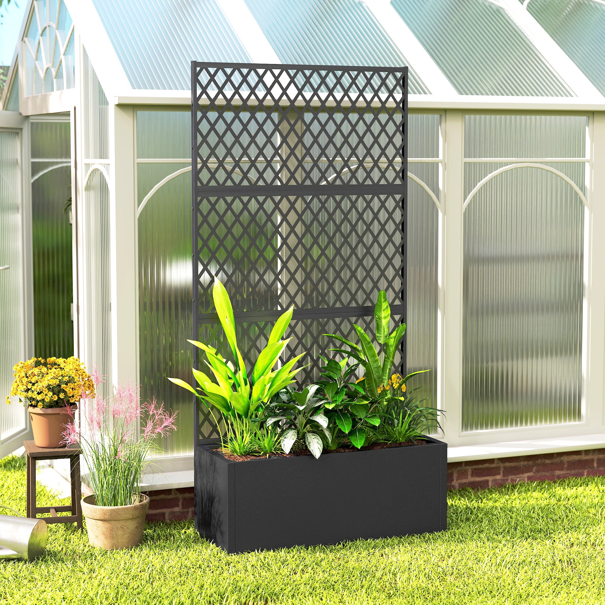 Metal Planter Box with Trellis, Raised Garden Bed with Trellis, Diamond Lattice Privacy Planter for Climbing Plants - Black - Image 8