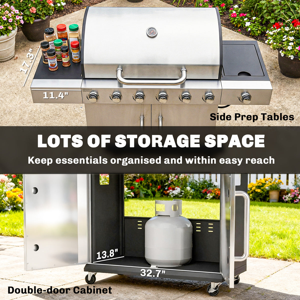 6 Burner Propane Gas Grill with Side Burner, Barbecue Grill with Cast Iron Grates, Wheels, Side Tables, Cabinet