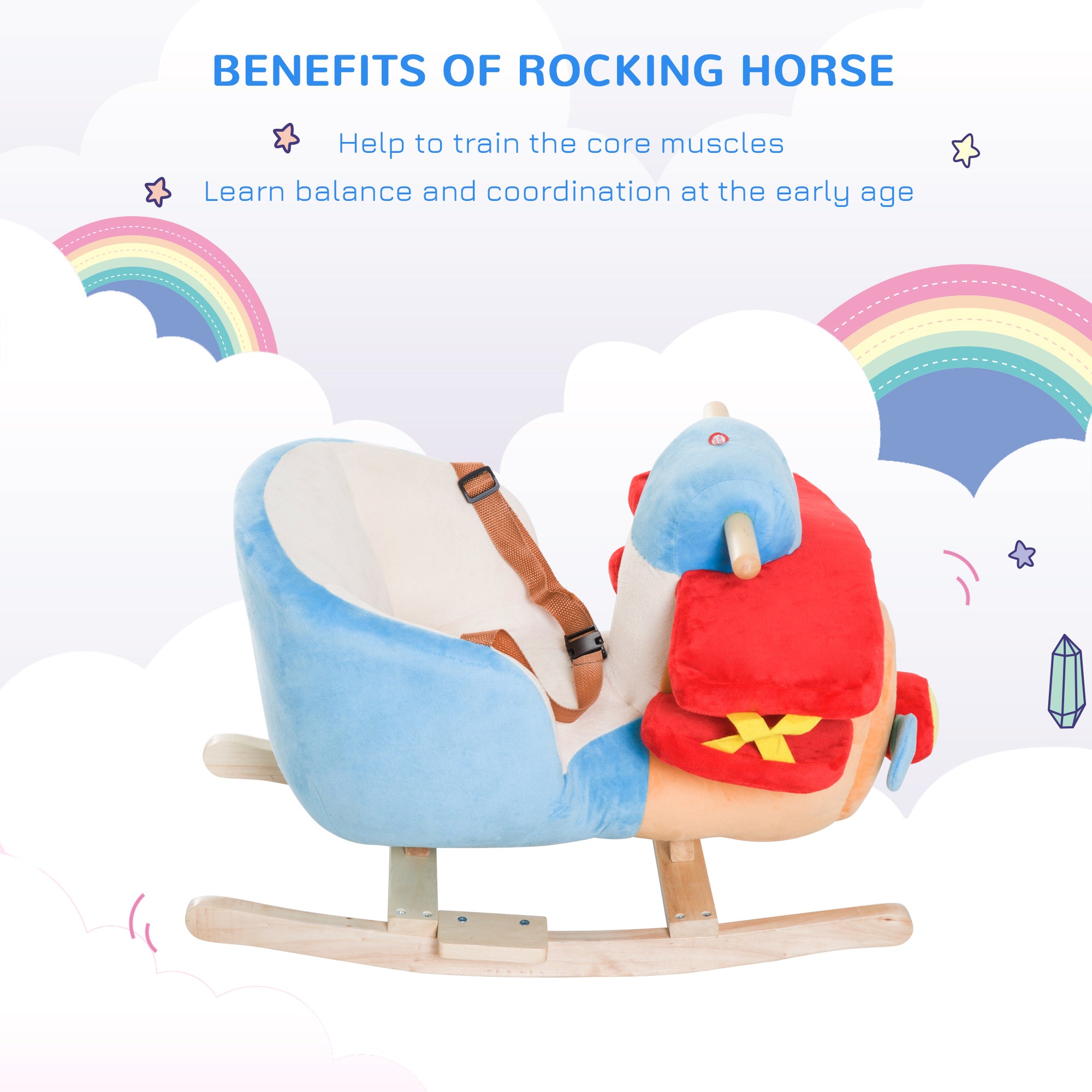 Kids Rocking Horse, Wooden Plush Ride-on Plane Chair Toy with Lullaby Song and Seat Belt for 18 Month +