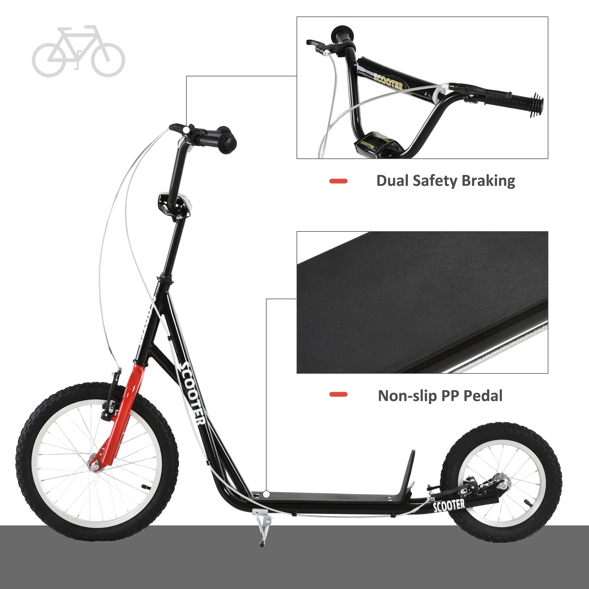 Teens Youth Scooter Ride On Toy with Adjustable Handlebar, Dual Brakes, and Inflatable Wheels For Kids 5+ - Black