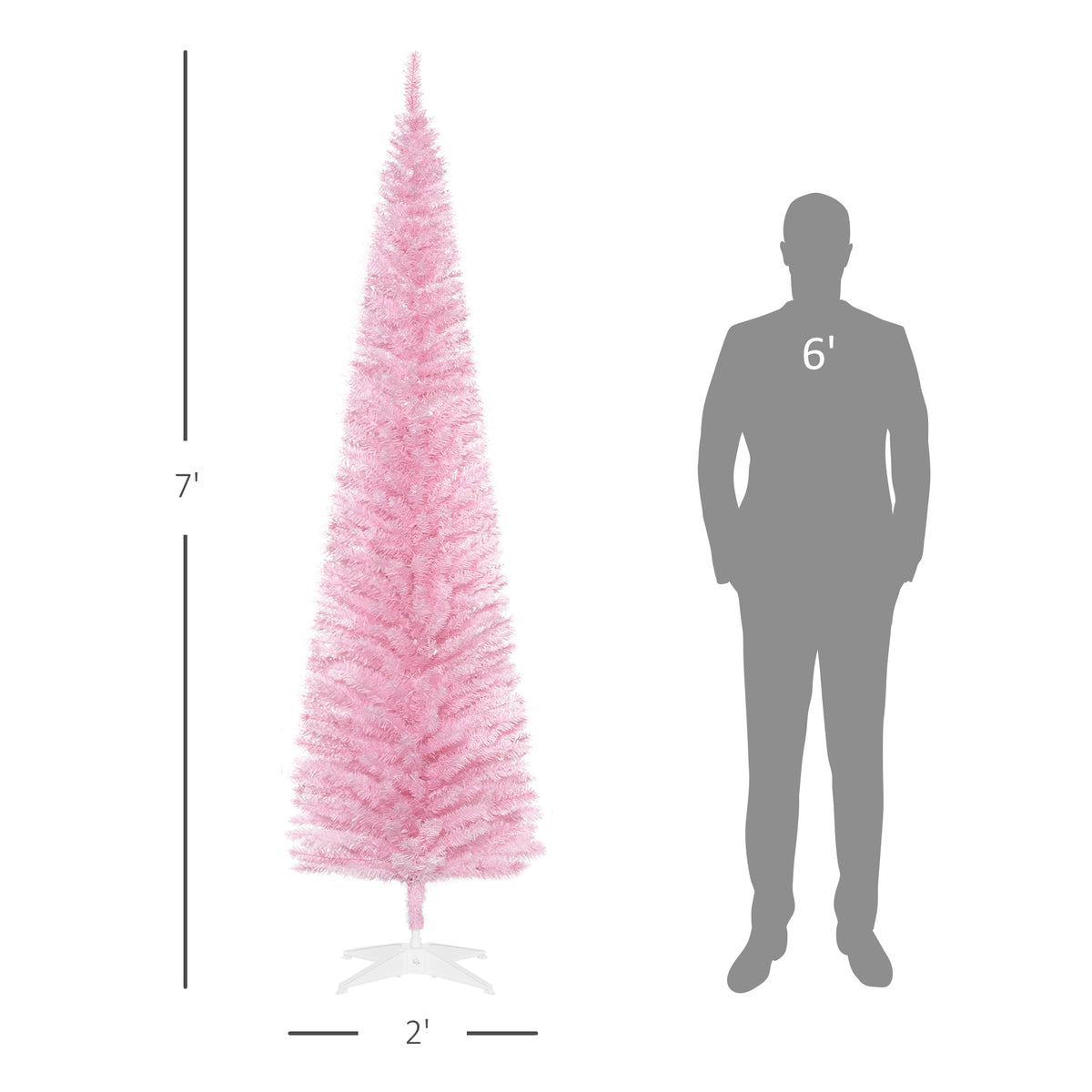 7ft Unlit Pencil Artificial Christmas Tree with Realistic Branches and 499 Tips, Plastic Base, Pink
