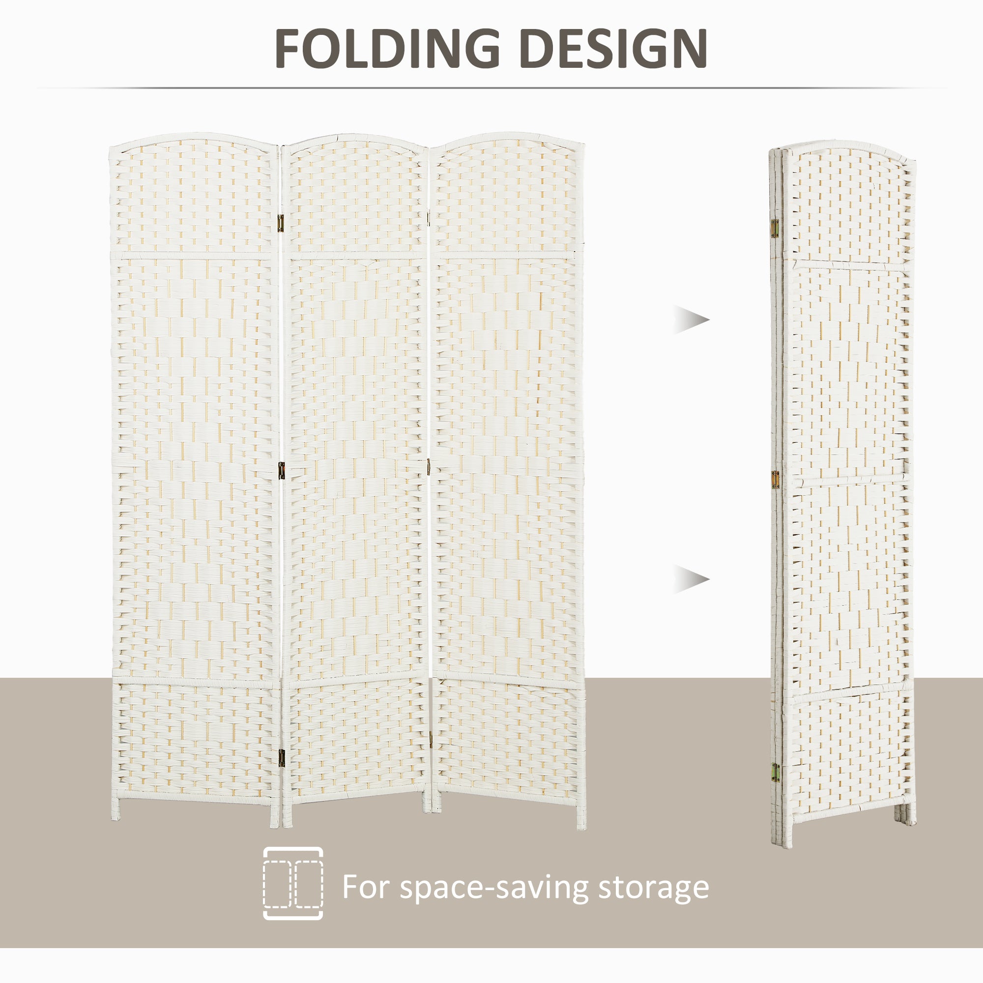 Folding Room Divider Screen 3 Panel 6' Tall Privacy Screen Freestanding Wood Partition for Home Office, White