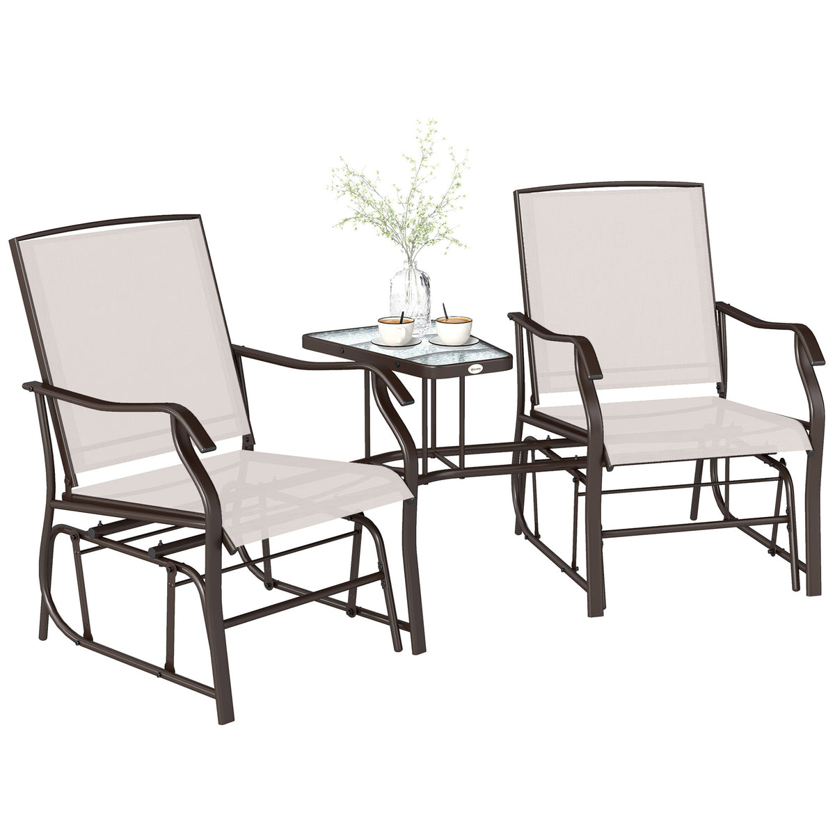 Outdoor Glider Chairs with Coffee Table, Patio 2-Seat Rocking Chair Swing Loveseat with Breathable Sling for Backyard, Garden, and Porch, Beige