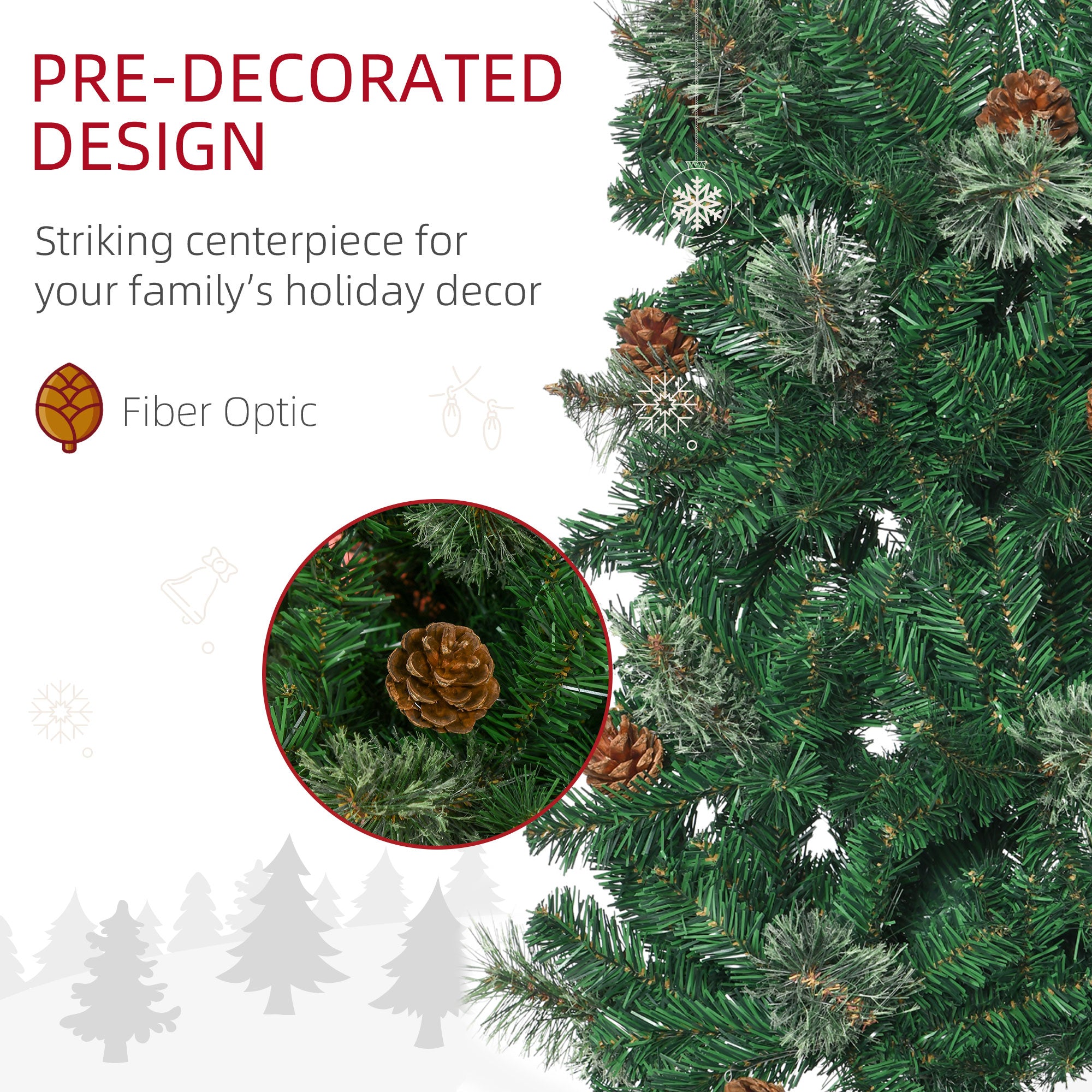 6.5 Foot Pencil Artificial Christmas Tree, Slim Pine Needles Xmas Tree with Realistic Branches, Pine Cones, Metal Base, Green