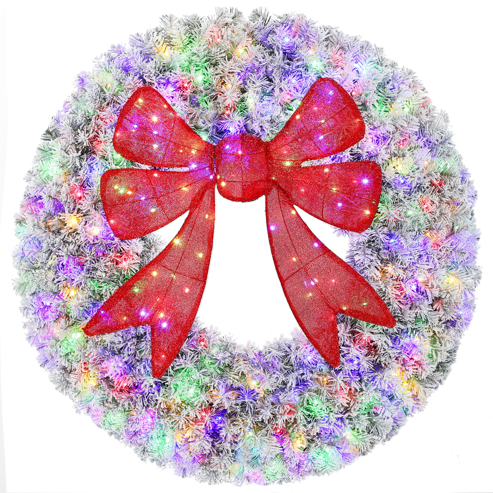 48in Flocked Pre-Lit Christmas Wreath with 3D Red Bow, 11 Lighting Modes, Front Door Christmas Wreath with Remote