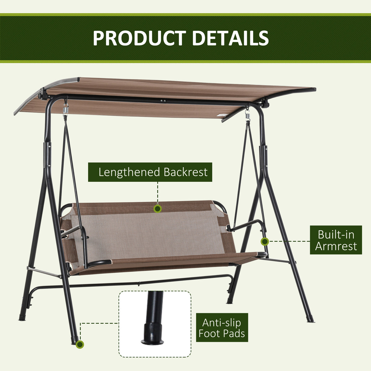 2-Seater Patio Swing Chair, Outdoor Adjustable Canopy Porch Swing with Armrests, Texeline Fabric and Steel Frame, Brown