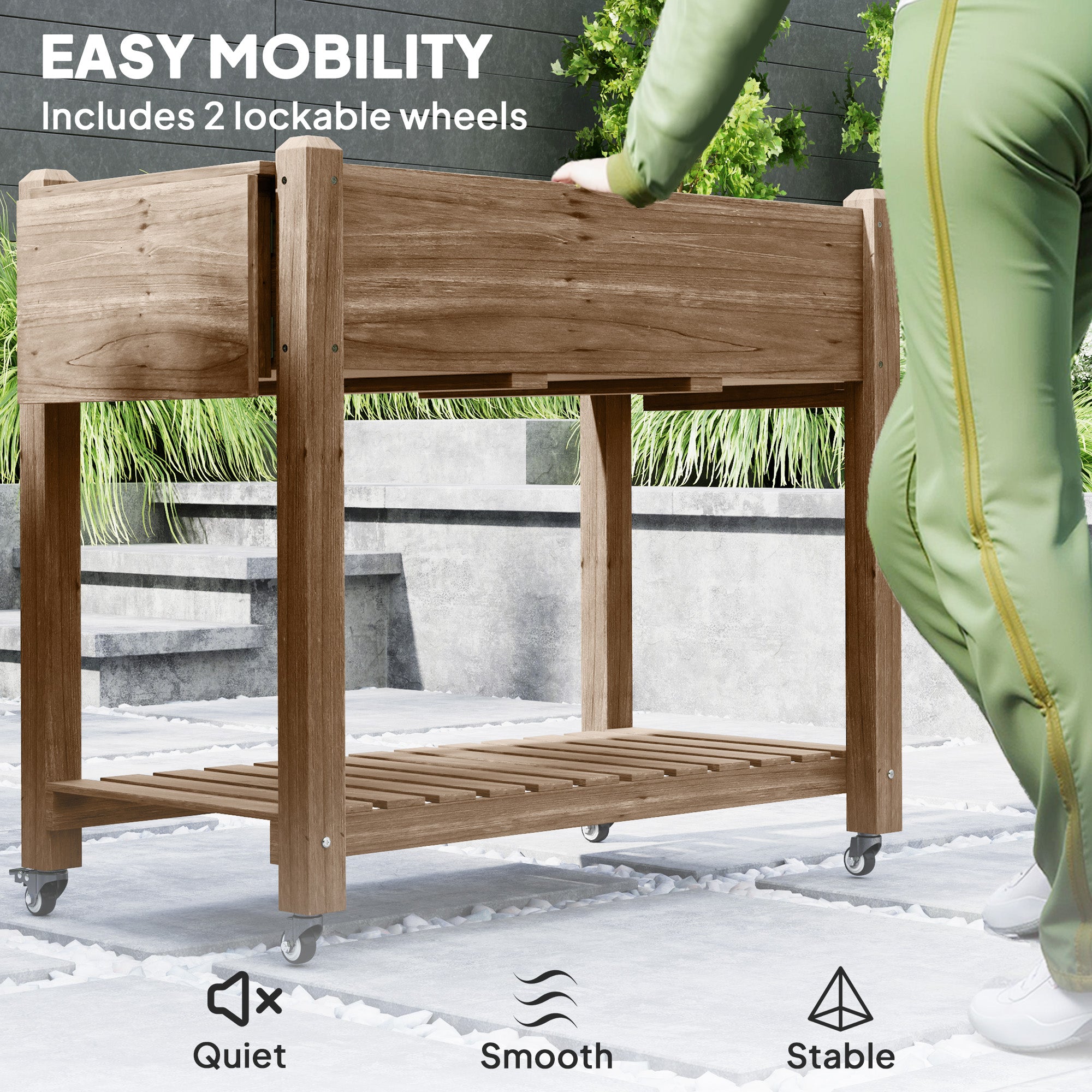 Wood Raised Planter Box, Elevated Garden Bed with Lockable Wheels, Side Tables, Bottom Shelf, Drain Holes, Carbonized - Carbonized - Image 5