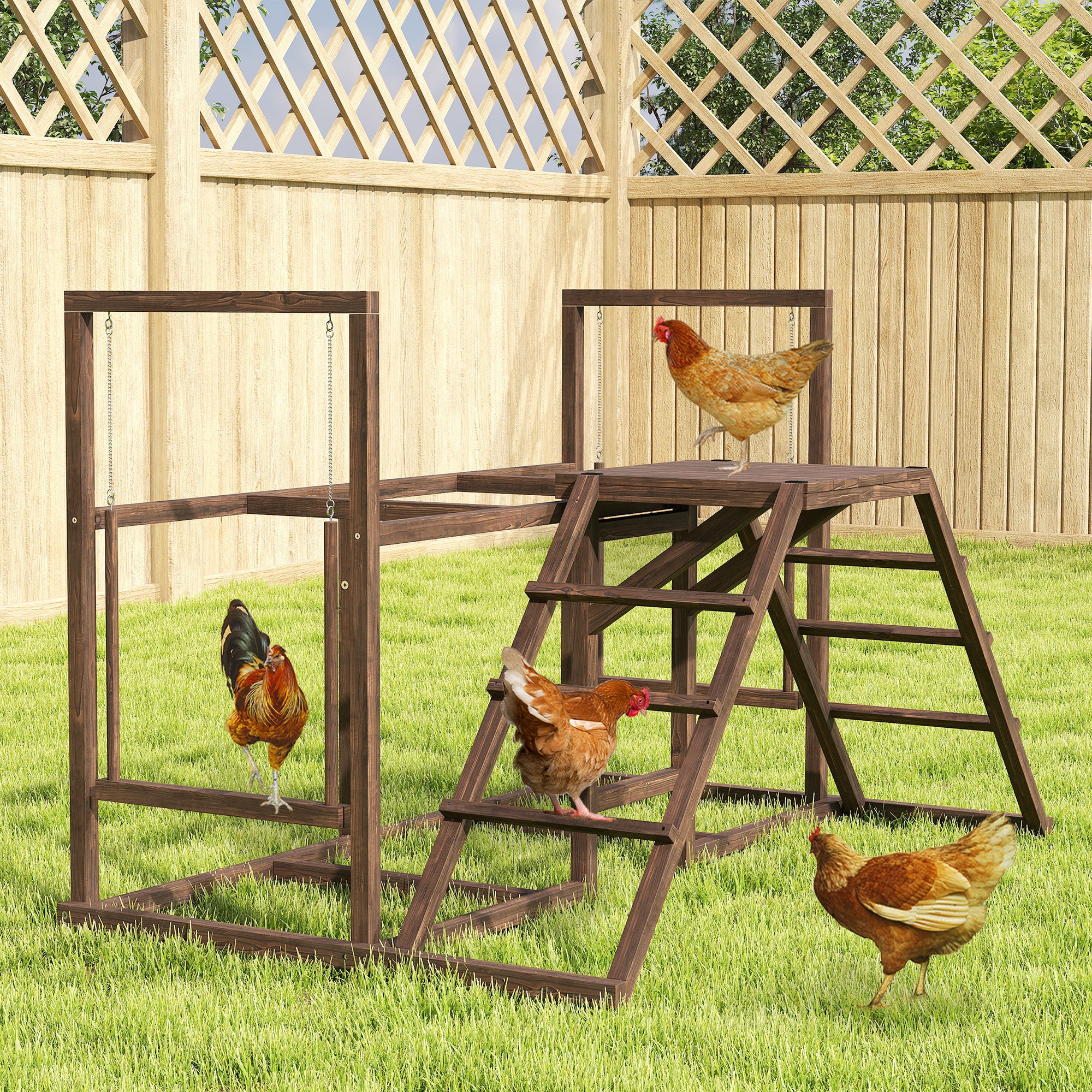 Chicken Activity Play Set with Multiple Chicken Perches, Swing, Ladder, Platform for 3-4 Chickens, Coffee - Coffee - Image 2