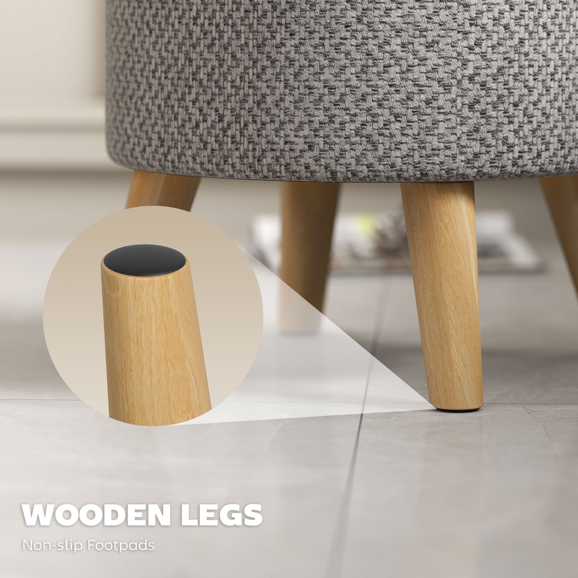 Round Ottoman Stool with Storage, Linen Upholstered Foot Stool with Padded Seat, Hidden Space and Wood Legs, Light Gray