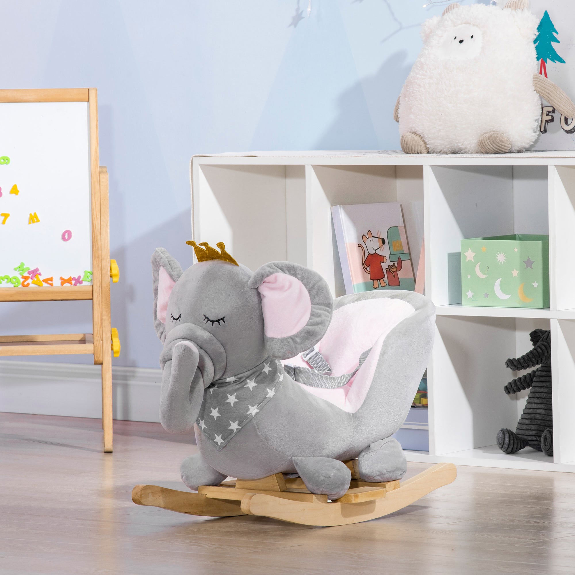 Baby Rocking Horse Elephant Rocking Chair Toddler Rocker Toy with Sound Wooden Base Seat for 1.5-3 Year Old, Gray