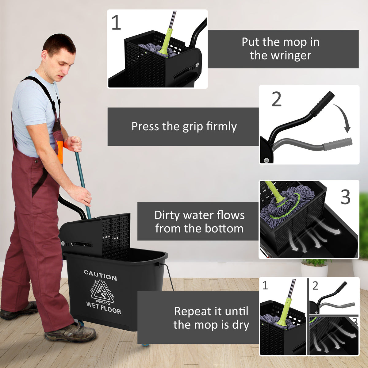 Compact Mop Bucket with Wringer, Mop Bucket on Wheels, 21 Quart, Separate Dirty and Clean Water, Black