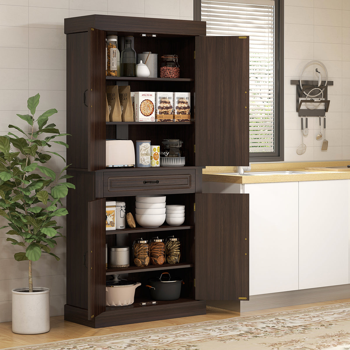 71" Freestanding Kitchen Pantry with 4 Doors and 2 Large Cabinets, Tall Storage Cabinet with Drawer, Coffee