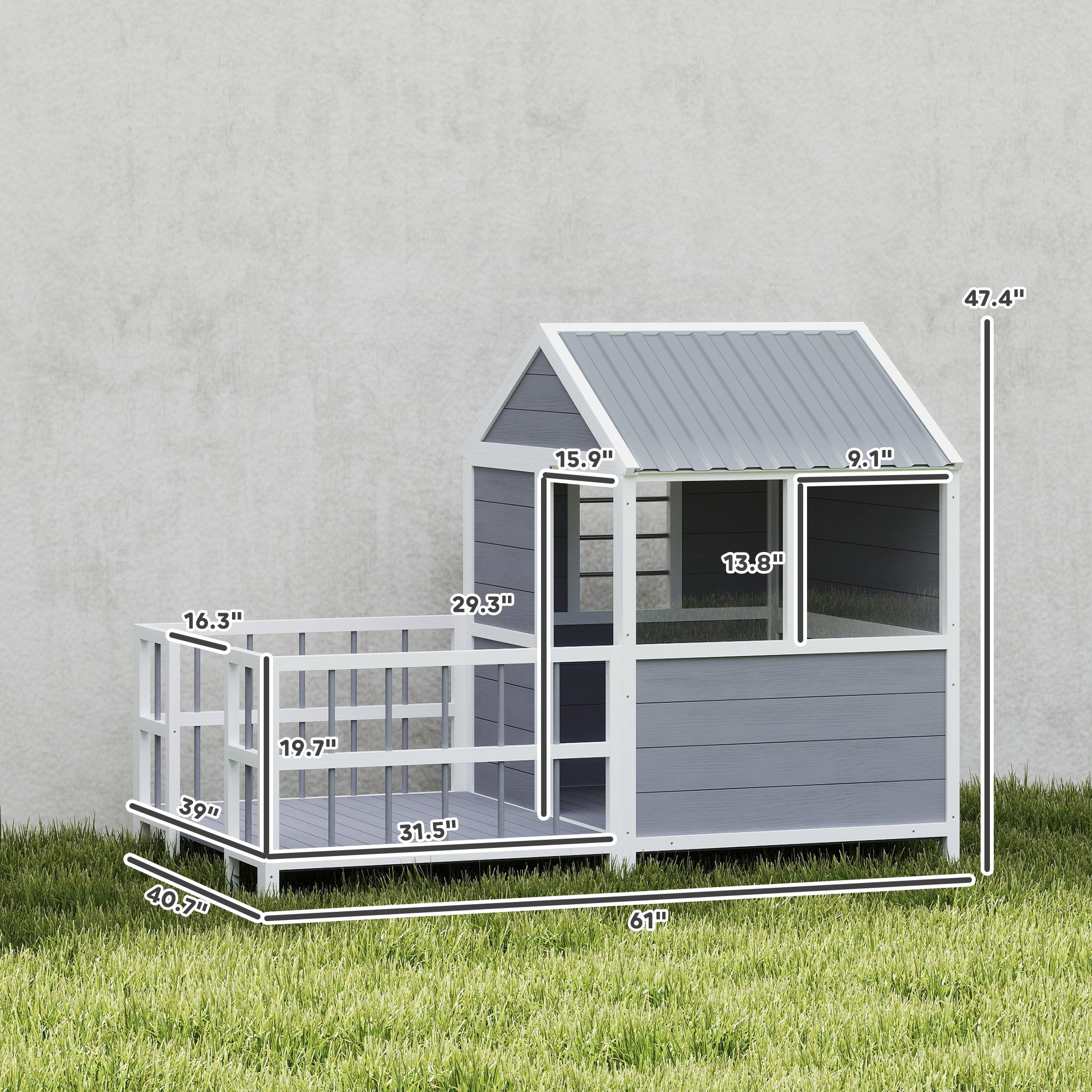 Outdoor Dog House, 61"L Wooden Dog House with Porch, Weatherproof Roof, Elevated Base, Air Vents & Observation Windows - Gray - Image 3