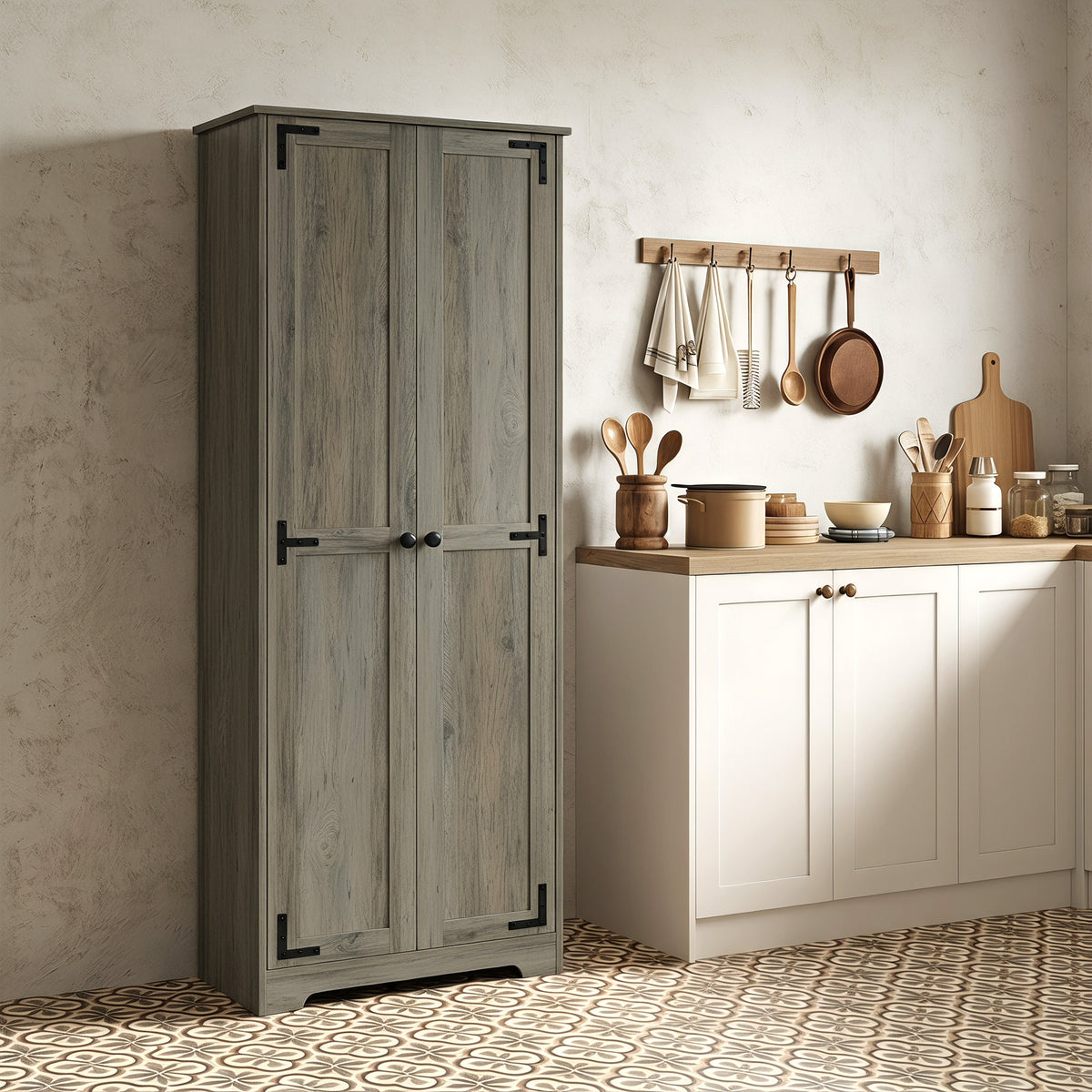 67" Farmhouse Pantry Cabinet, Freestanding Food Pantry Cabinet with Adjustable Shelves, Distressed Gray