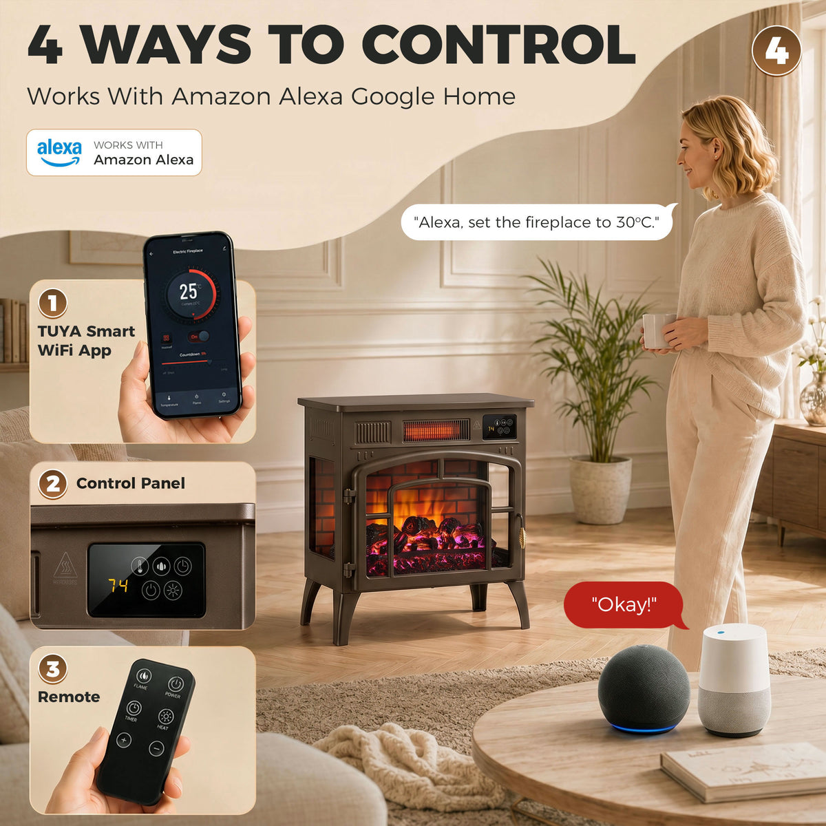 3-Sided Glass WiFi Electric Fire Heater, Smart Electric Fireplace Stove, Brown