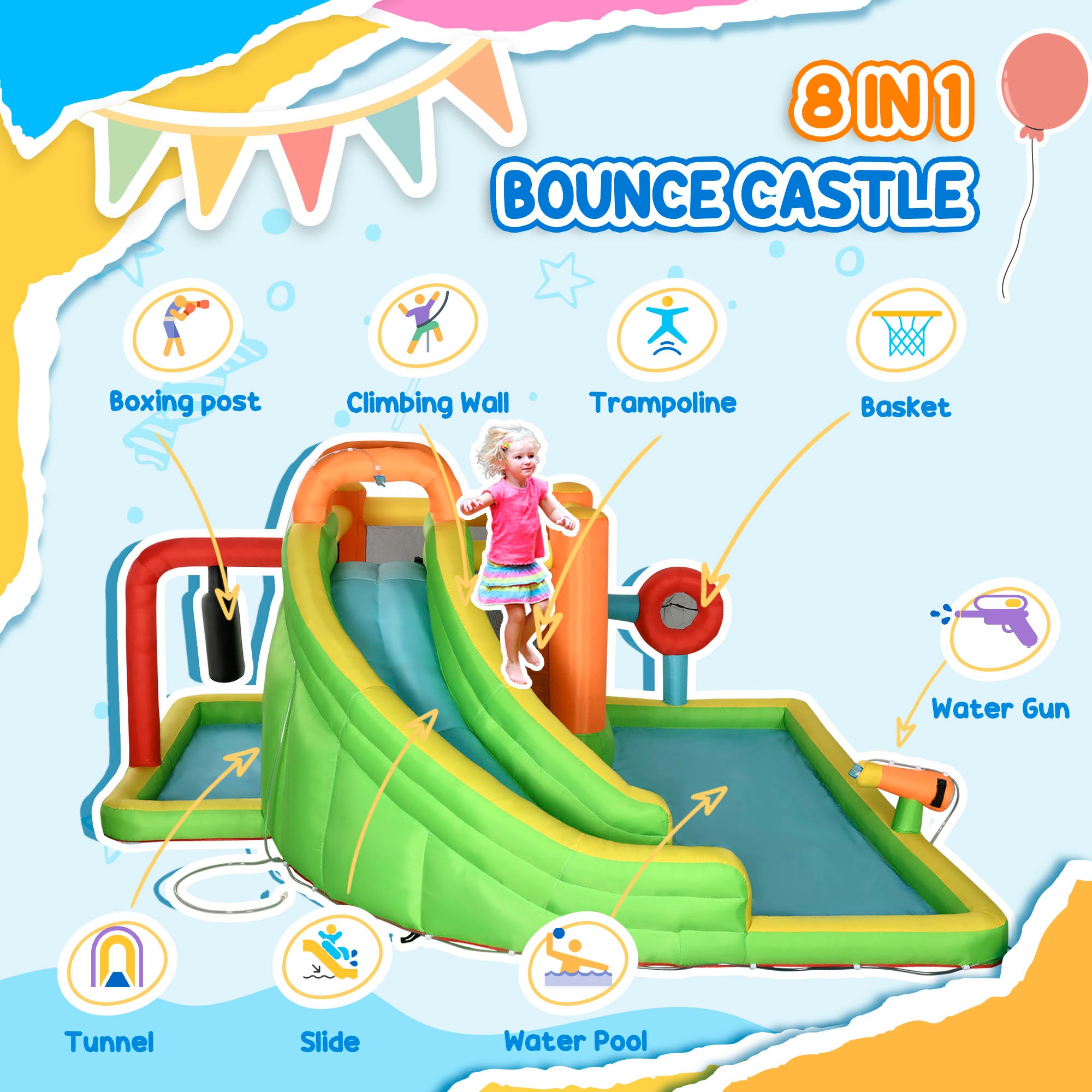 7-in-1 Inflatable Water Slide, Kids Castle Bounce House Includes Slide, trampoline, Pool, Water Cannon, Ball-target, Boxing Post, Tunnel with Carry Bag, Repair Patches, 750W Air Blower