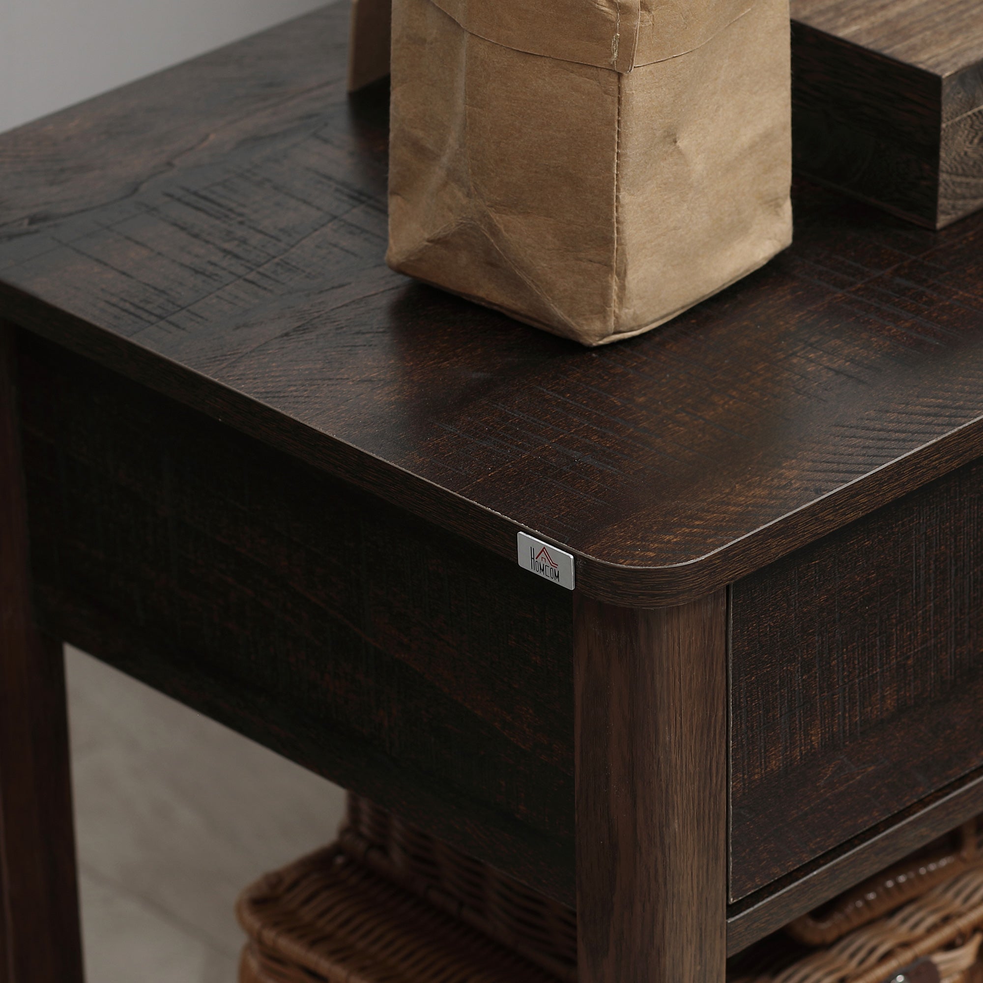 End Table with Drawer, Side Table with Top and Bottom Shelf for Small Spaces, Dark Brown